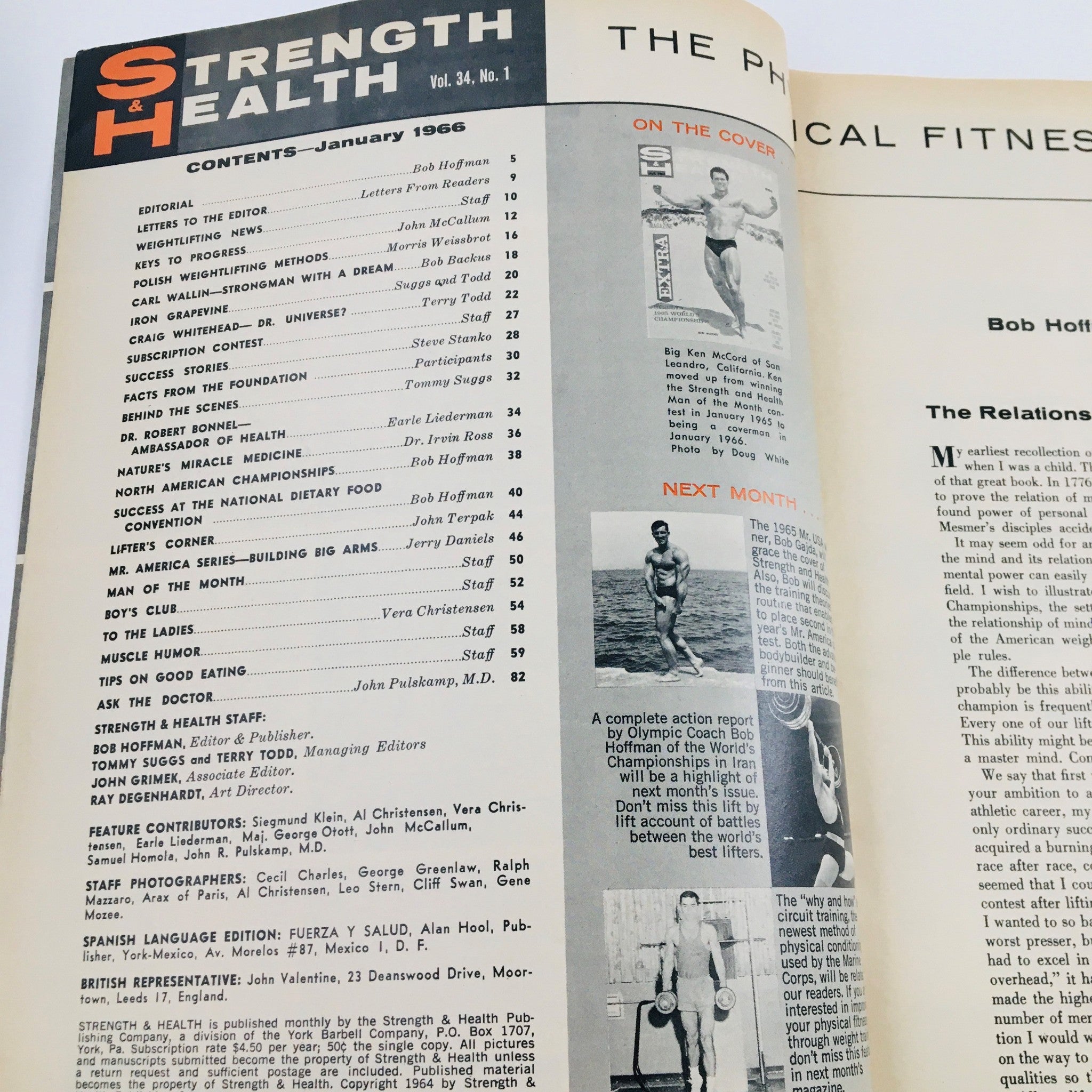 Inside page of Strength & Health Magazine January 1966 displaying the contents and key articles, focusing on bodybuilding and health insights from the 1960s.