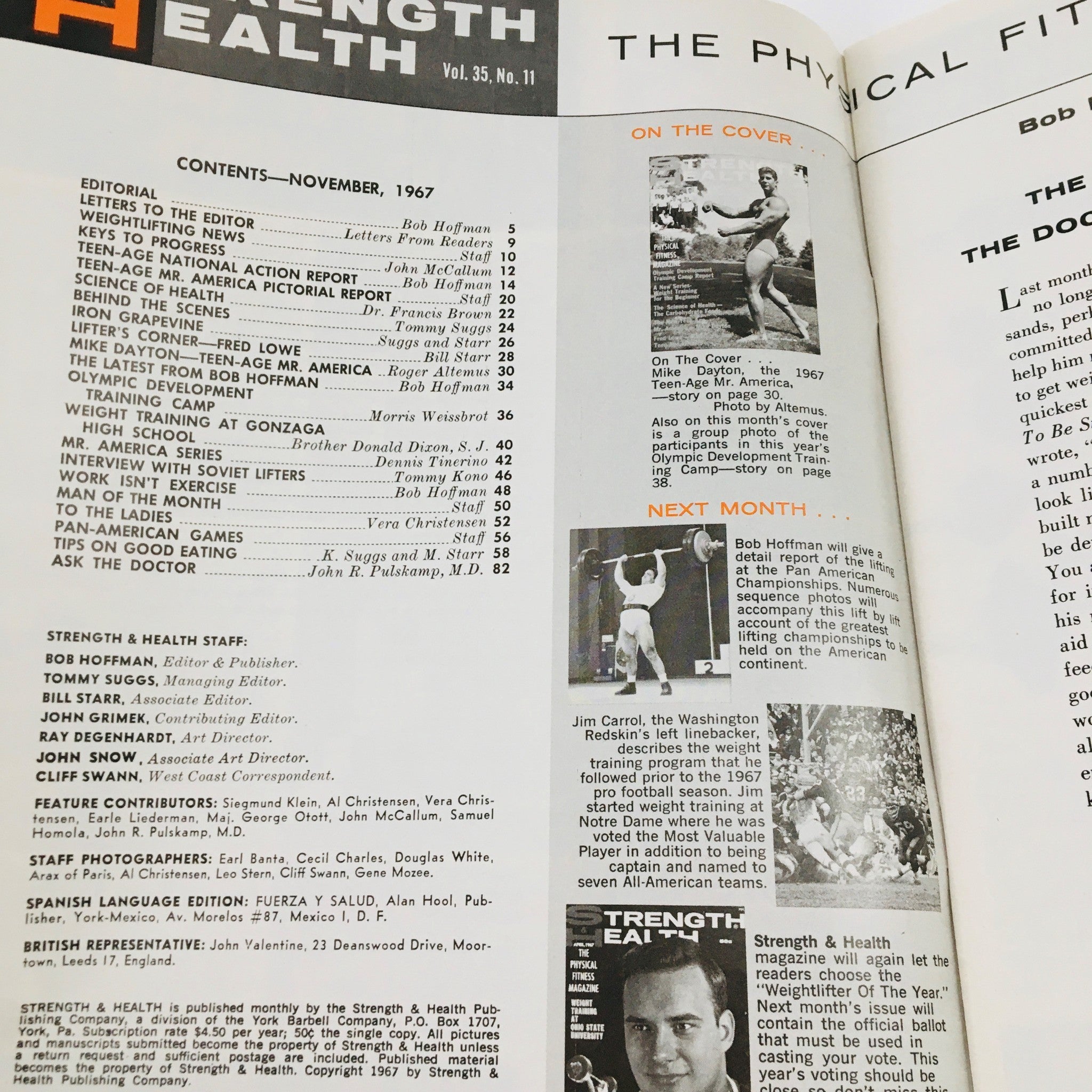 Interior page from Strength & Health Magazine November 1967, featuring contents listing and articles including a focus on bodybuilder Mike Dayton, showcasing fitness culture of the era.