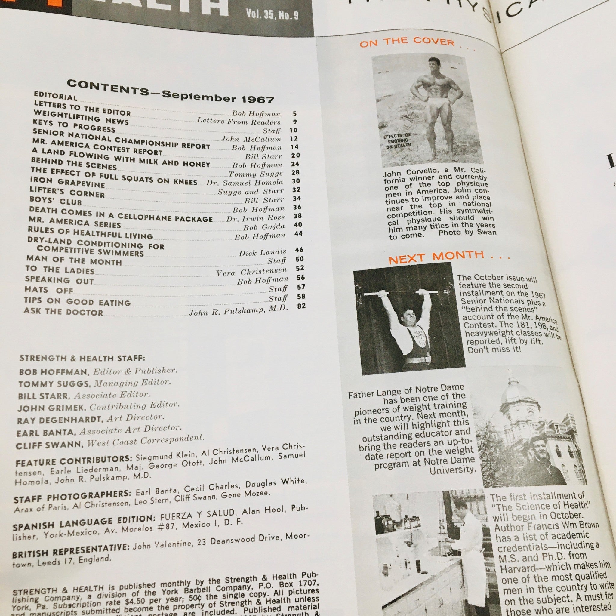 Contents page of Strength & Health Magazine September 1967, highlighting articles and features, including an introduction to John Corvello, reflecting the magazine's focus on fitness and health topics from the 1960s.