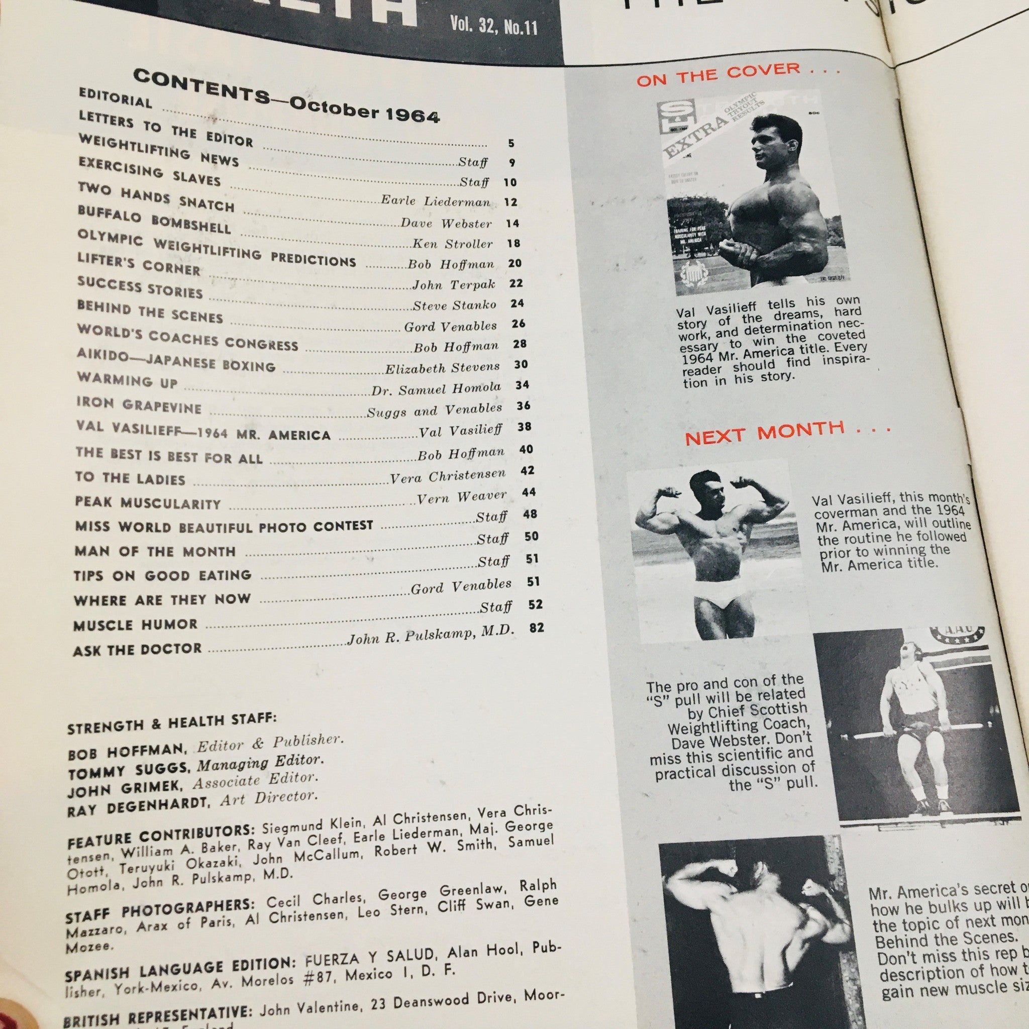 Contents page of the October 1964 Strength & Health Magazine, detailing features on bodybuilding and the profile of Van Vasilieff.