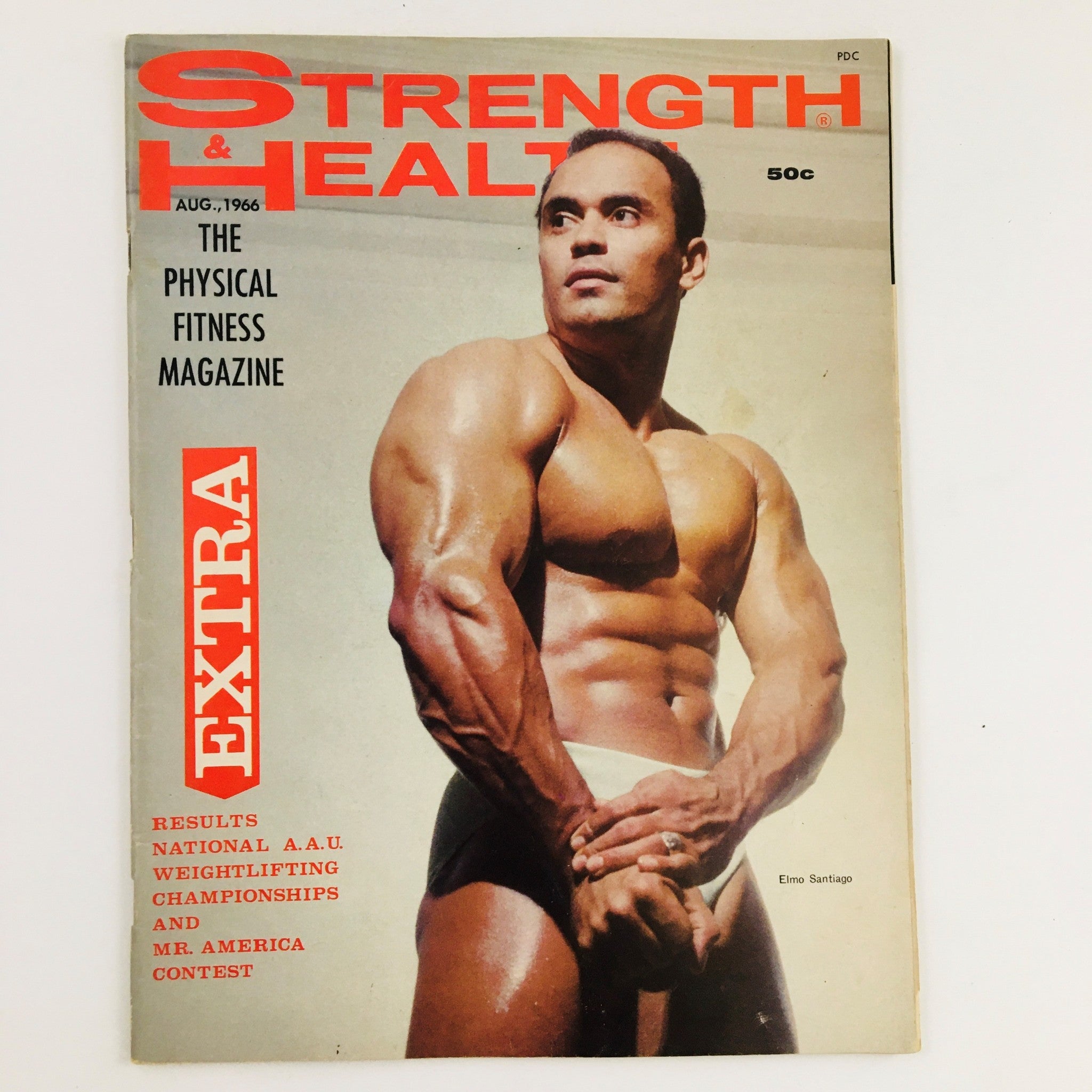 Cover of Strength & Health Magazine August 1966 featuring bodybuilder Elmo Santiago, showcasing fitness culture of the 1960s.