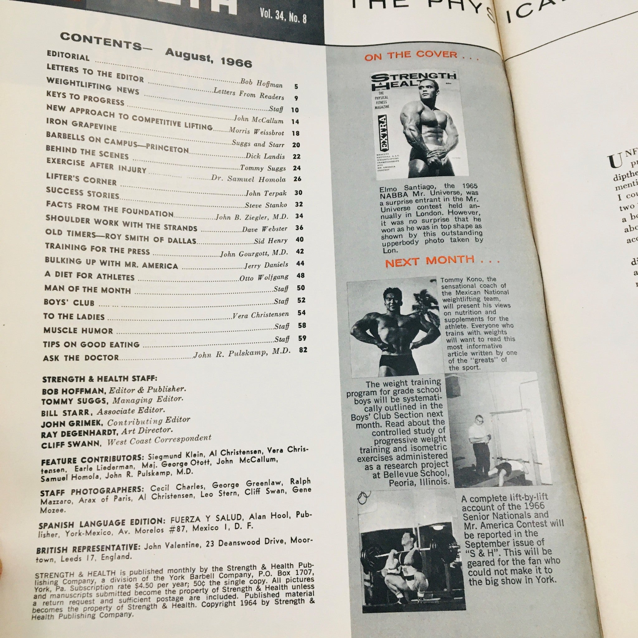 Contents page of Strength & Health Magazine August 1966, featuring articles on bodybuilding and fitness topics.