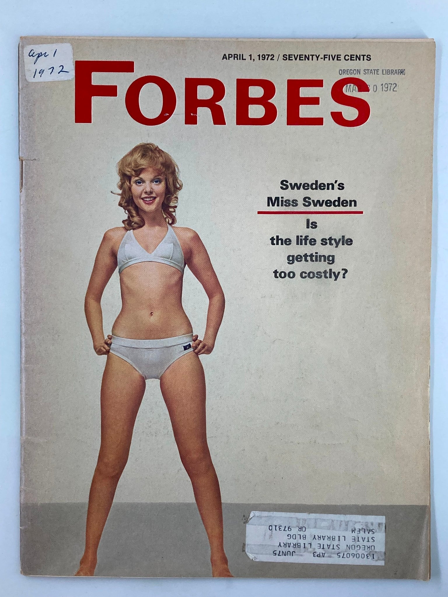 VTG Forbes Magazine April 1 1972 Sweden's Miss Sweden Life Style Too Costly