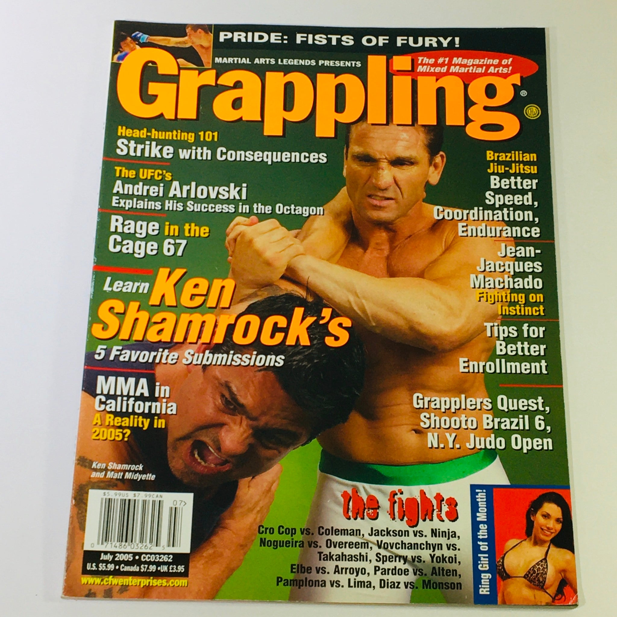 Cover image of Grappling Magazine July 2005 featuring Ken Shamrock and Matt Midyette. The magazine highlights MMA topics and features articles about grappling, including techniques and notable athletes.