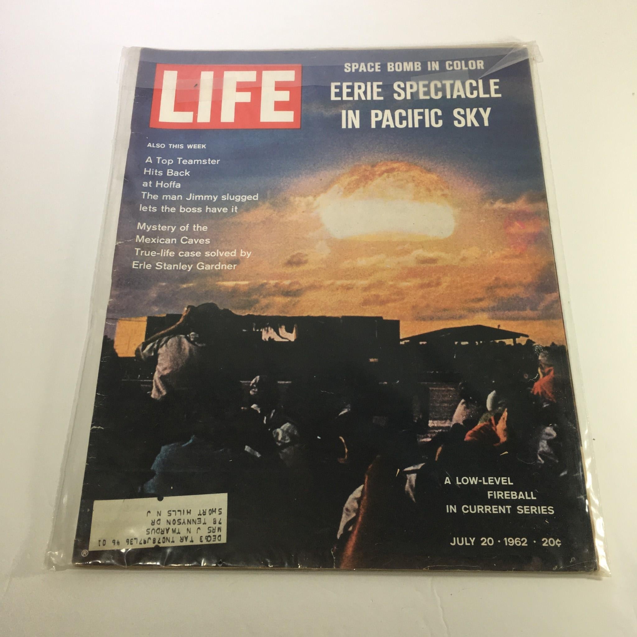 Cover of Life Magazine from July 20, 1962, featuring the story 'A Low Level Fireball In Current Series', showcasing an explosive picture of a fireball in the Pacific sky, highlighting various articles from the era.