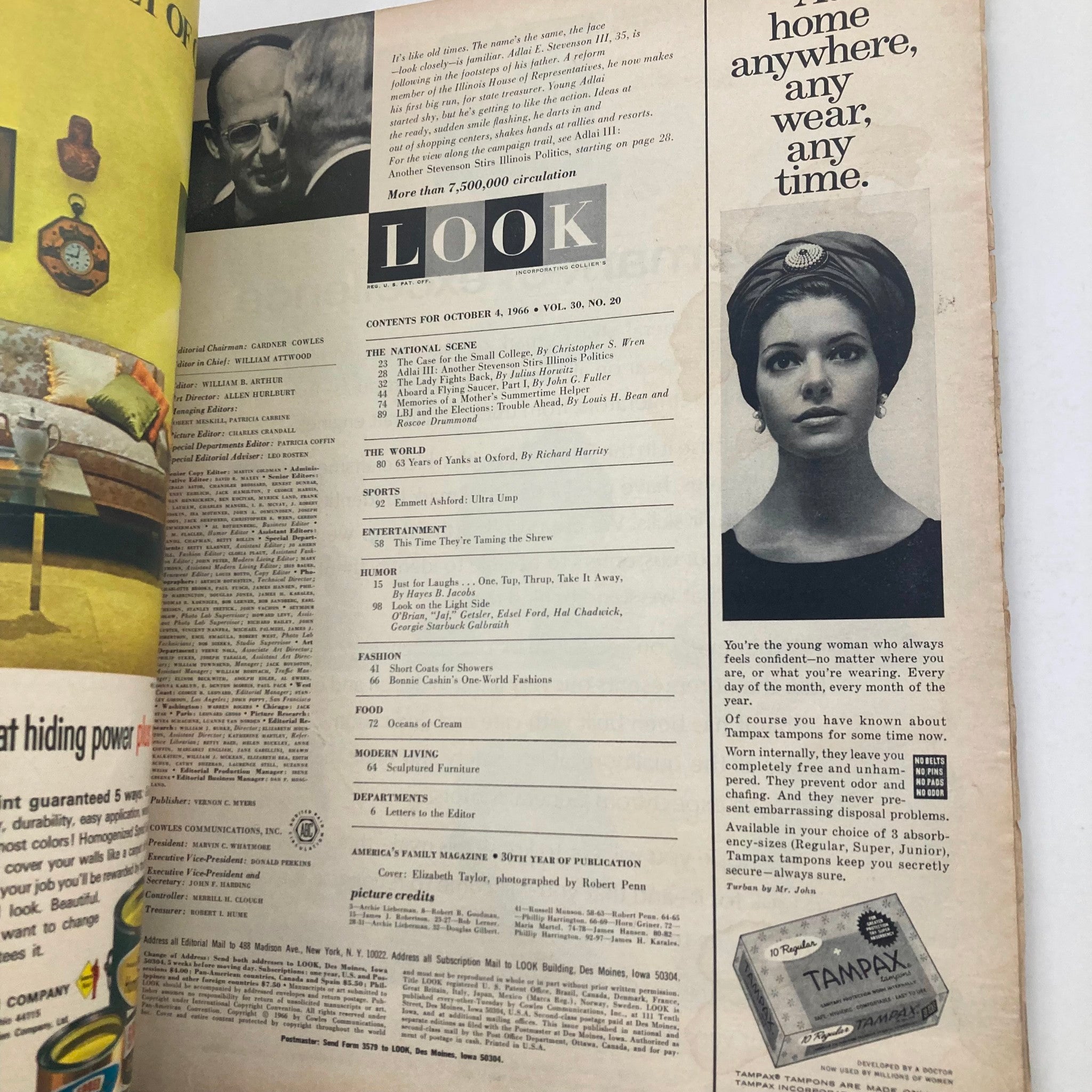 Inside page of REVTG Look Magazine October 4 1966 Vol 30 No. 20 with contents, including various articles and features alongside a photo of a model.