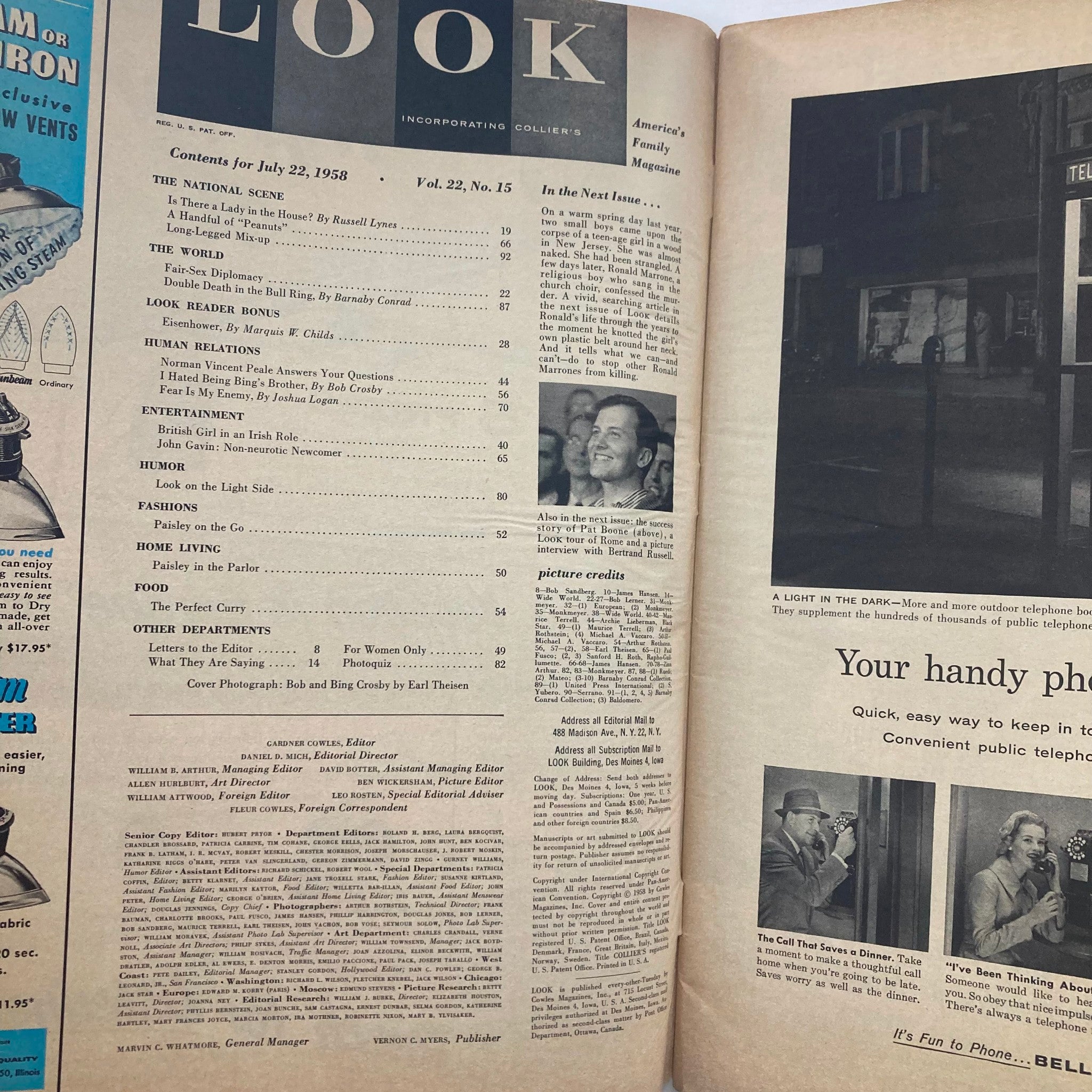 VTG Look Magazine July 22 1958 Vol 22 No. 15 Bob and Bing Crosby