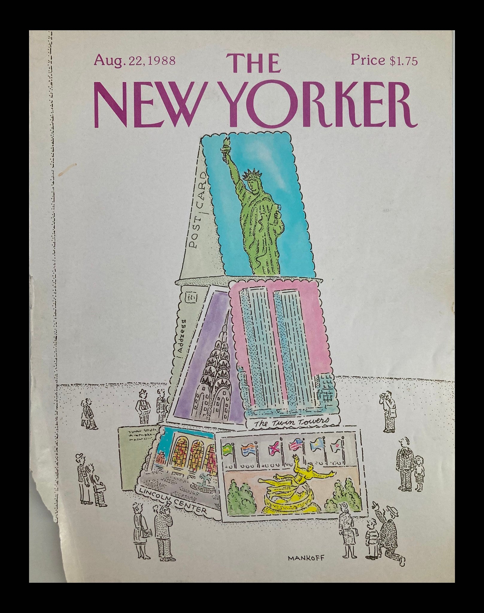 COVER ONLY The New Yorker August 22 1988 Tower of Post Cards by Robert Mankoff