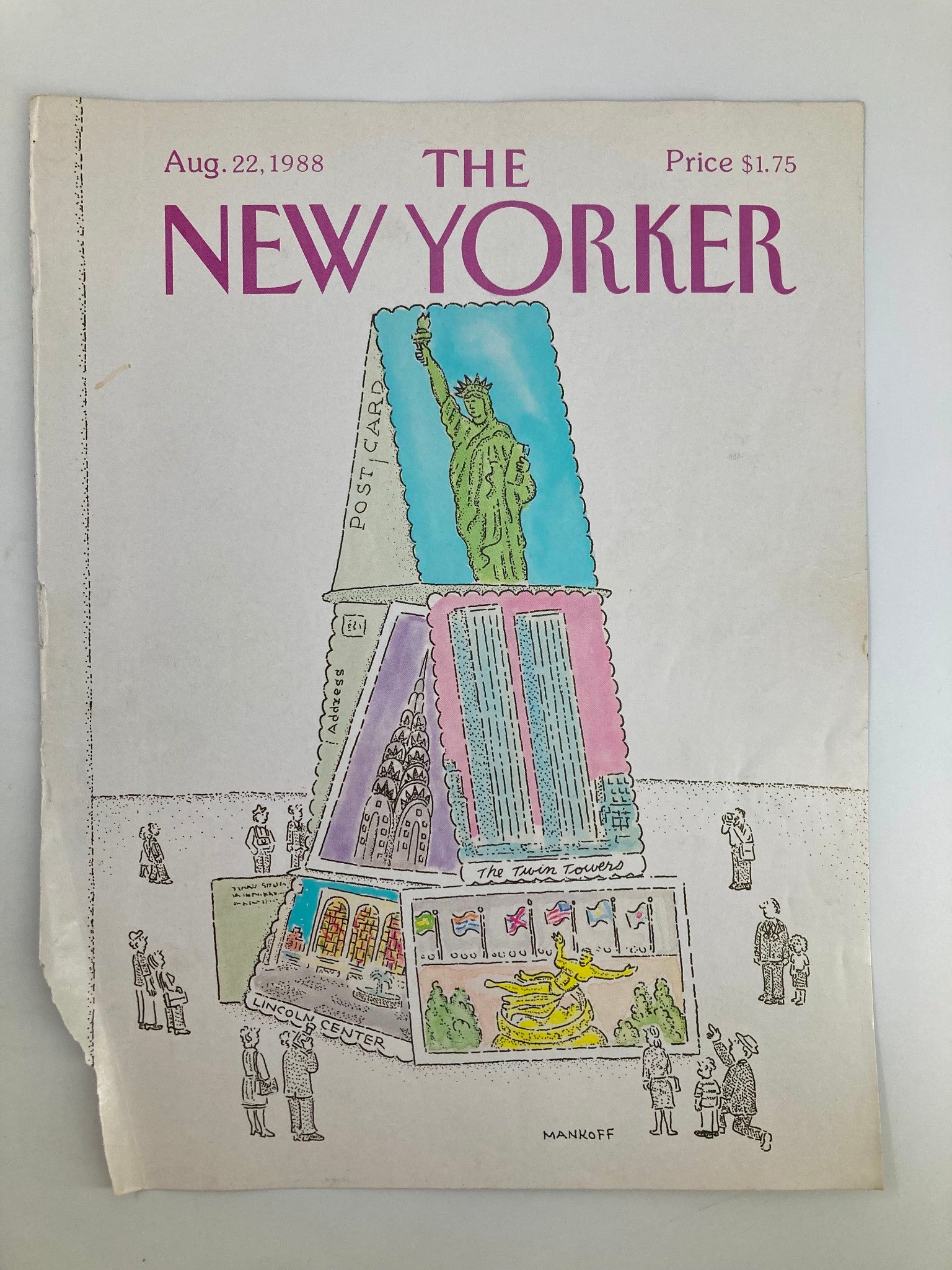 COVER ONLY The New Yorker August 22 1988 Tower of Post Cards by Robert Mankoff