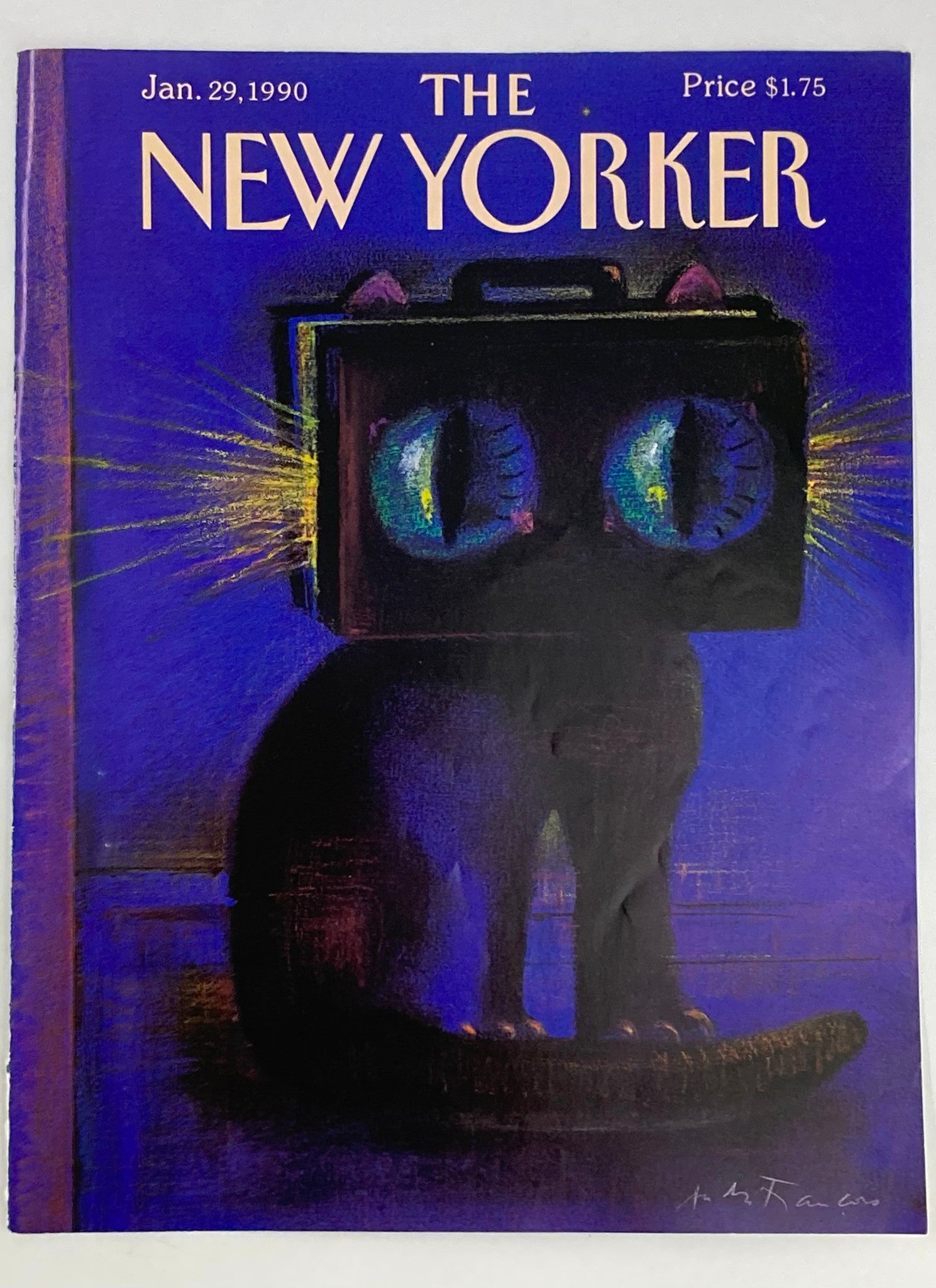 COVER ONLY The New Yorker January 29 1990 Cat Head Briefcase by Andre Francois