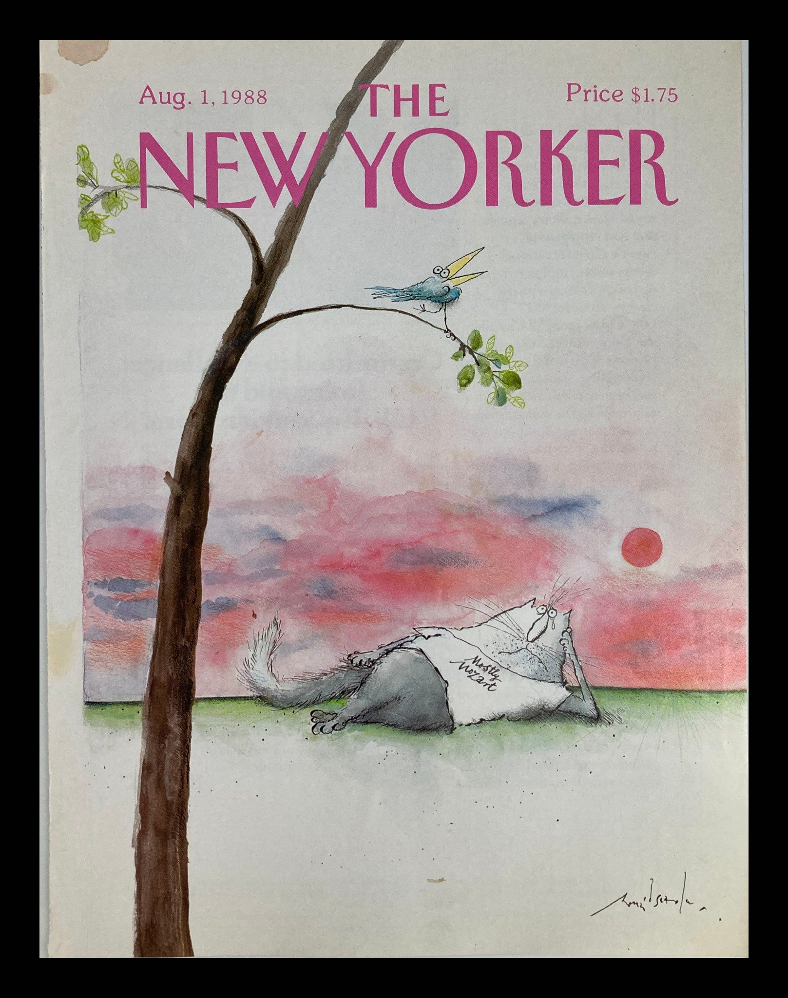 COVER ONLY The New Yorker August 1 1988 Cat Mozart Bird by Ronald Searle