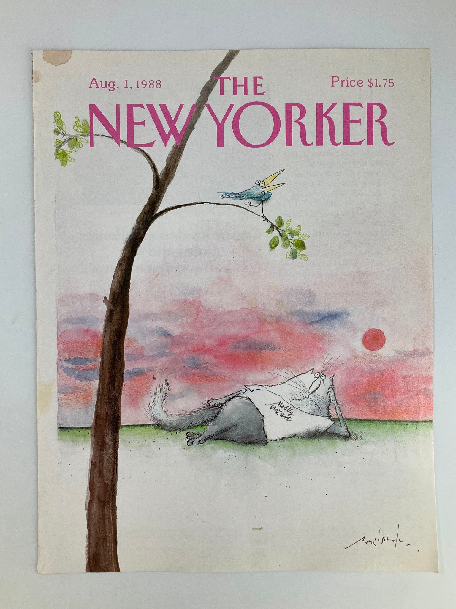 COVER ONLY The New Yorker August 1 1988 Cat Mozart Bird by Ronald Searle