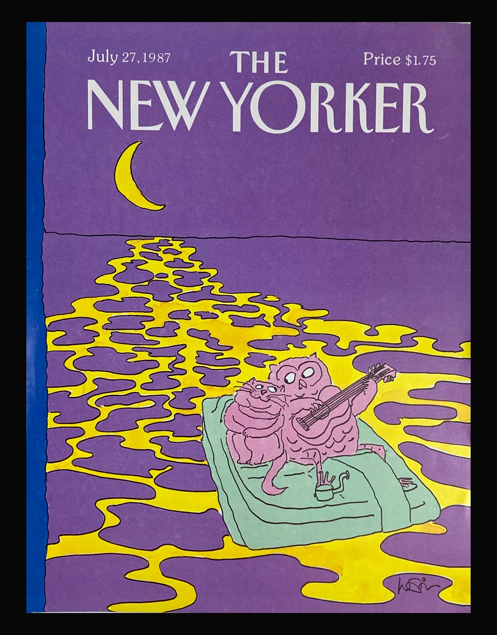 COVER ONLY The New Yorker July 27 1987 Owl Serenading A Cat by Arnie Levin