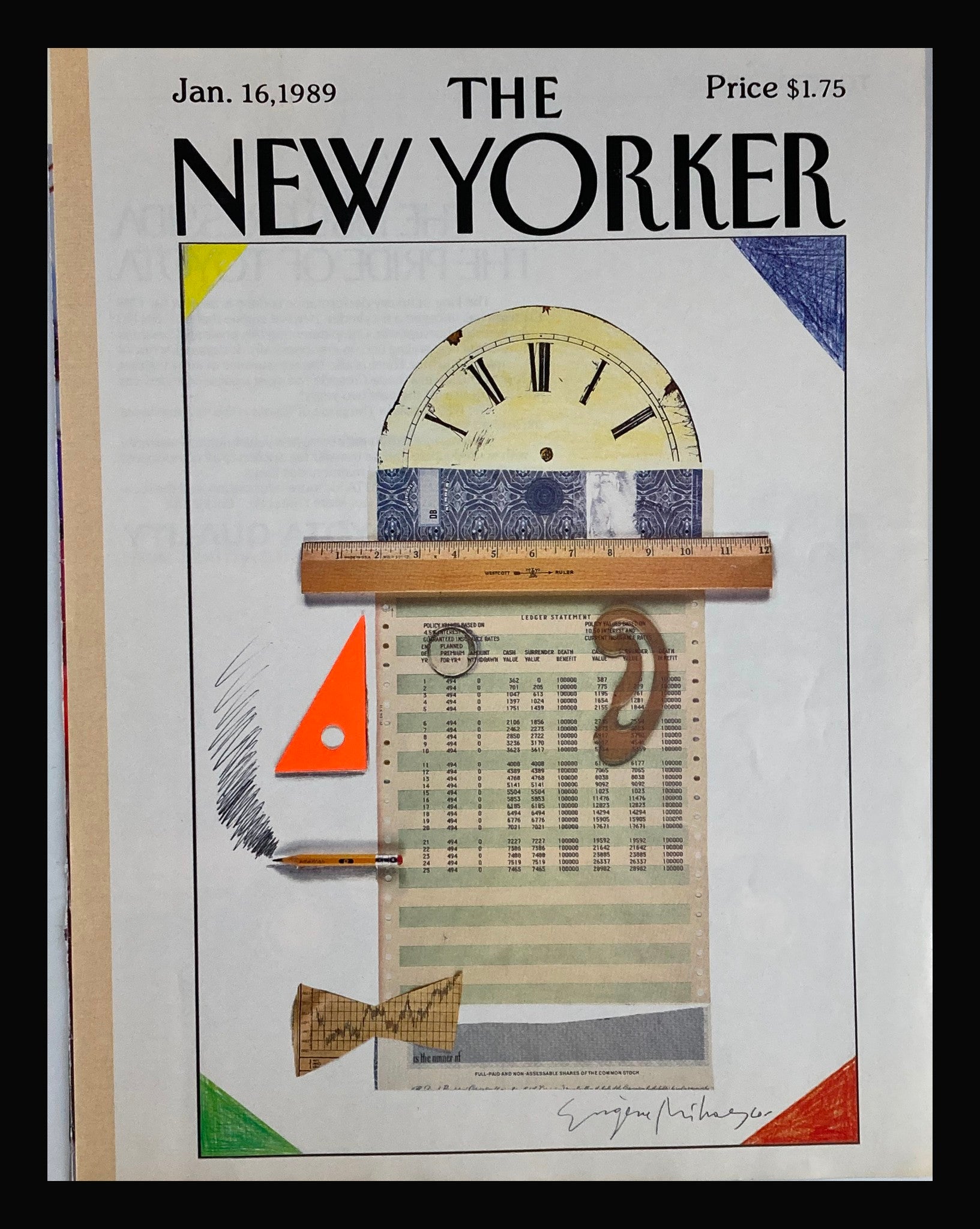 COVER ONLY The New Yorker January 16 1989 featuring a creative ledger statement design by Eugene Mihaesco with colorful geometric shapes and unique illustrations.