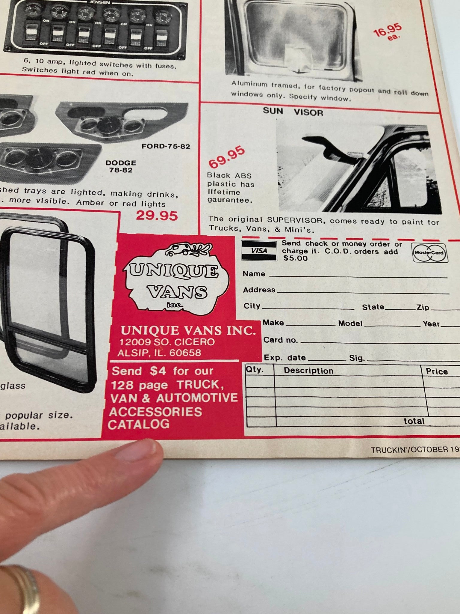 Vintage Truckin' Magazine October 1983 featuring a product advertisement from Unique Vans Inc., showcasing automotive accessories and a pricing chart, part of the VTG Truckin Magazine collection.