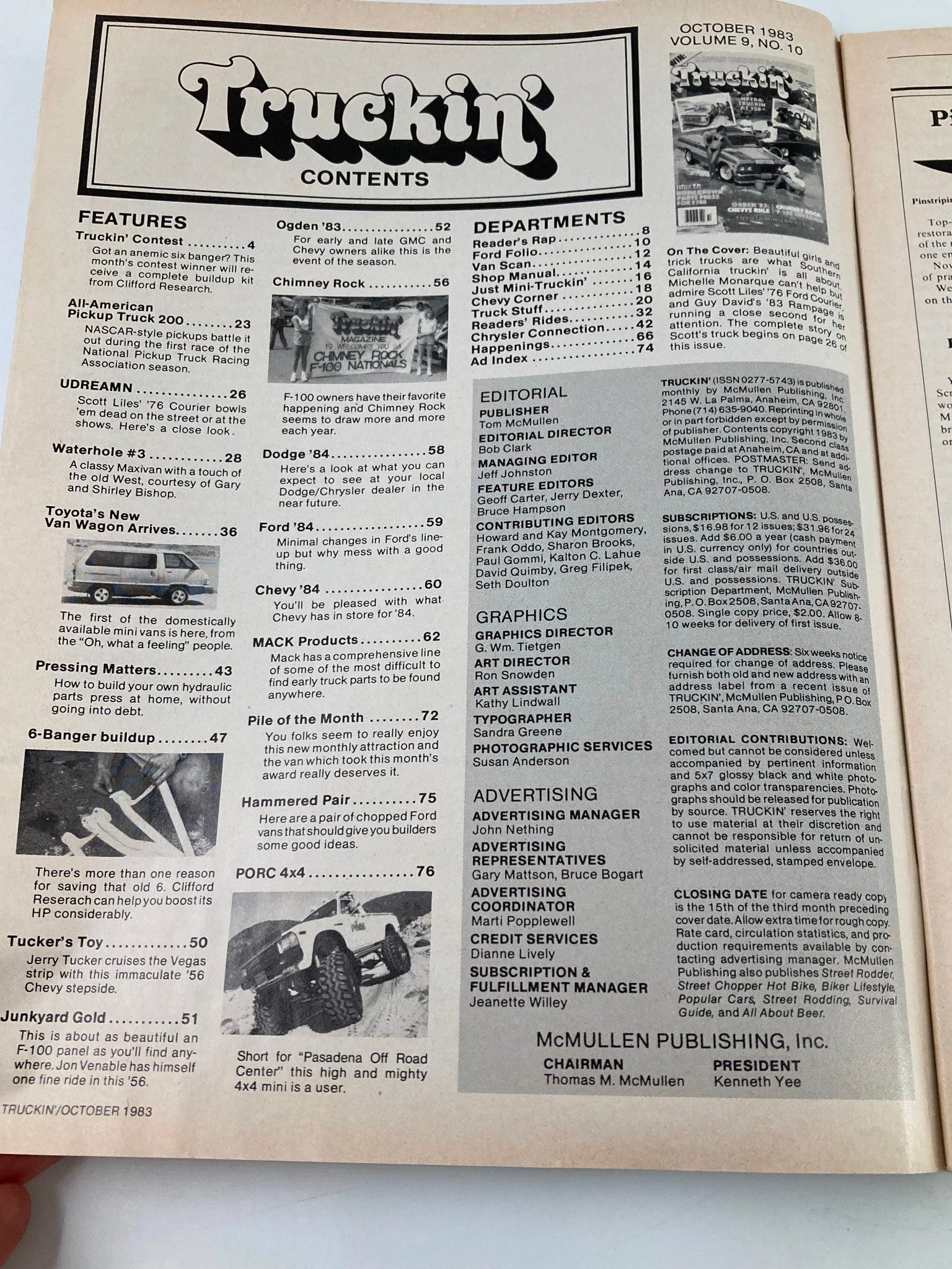 Contents page of Vintage Truckin' Magazine October 1983, highlighting various features and departments including articles related to trucks and automotive culture.