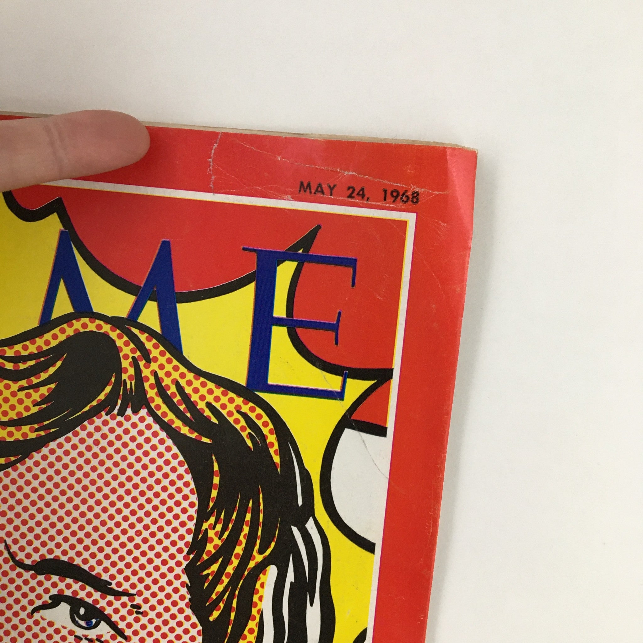 Close-up view of the May 24, 1968 Time Magazine cover featuring a vibrant cartoon illustration of Bobby Kennedy, showcasing its title and date, ideal for collectors and enthusiasts of American political history.