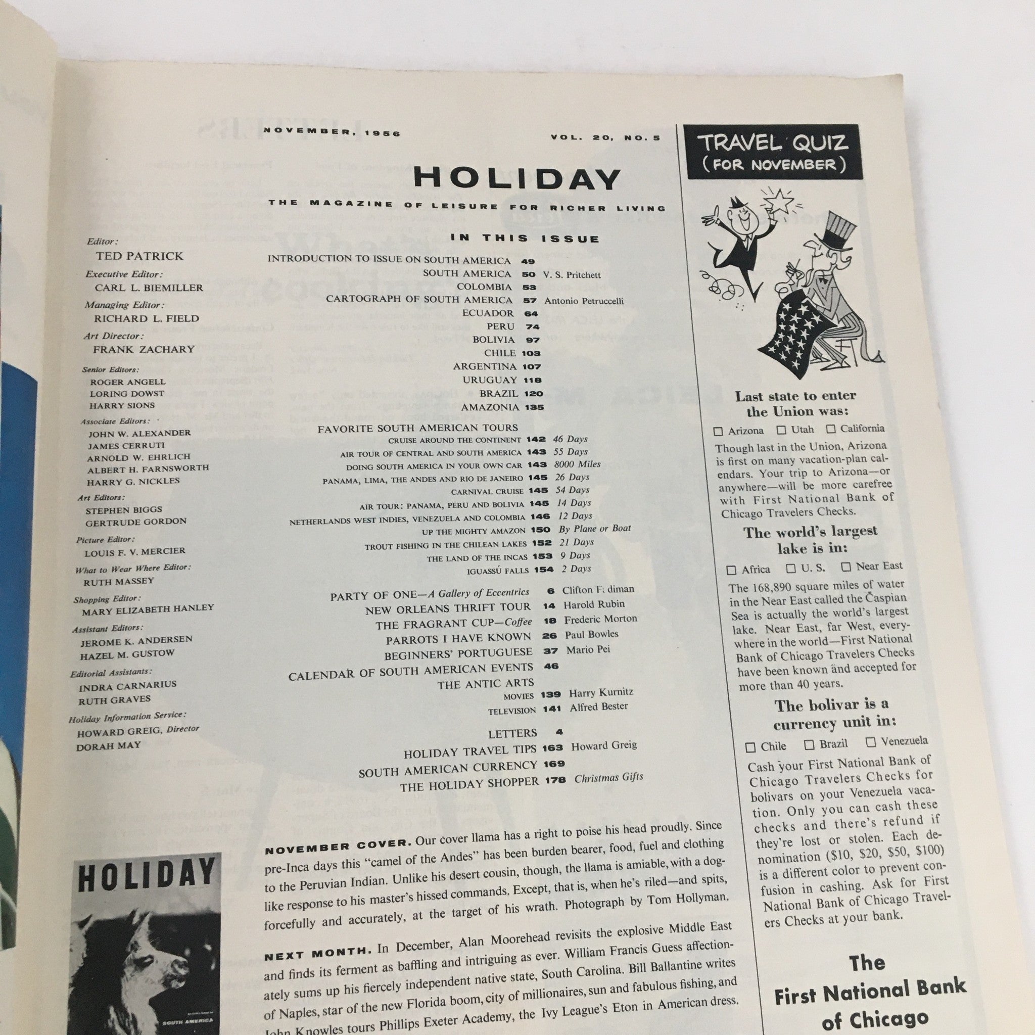 Holiday Magazine November 1956 The Illama "Camel of the Andes" Cover No Label