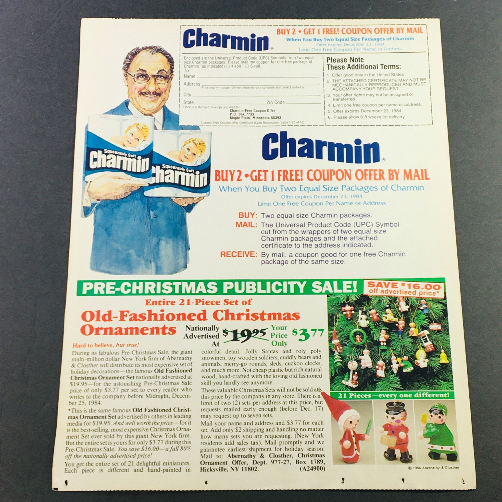 VTG Retro 1984 Mr. Wipple's Charmin Tissue Buy 2+1 FREE & Diet Pepsi Ad Coupon