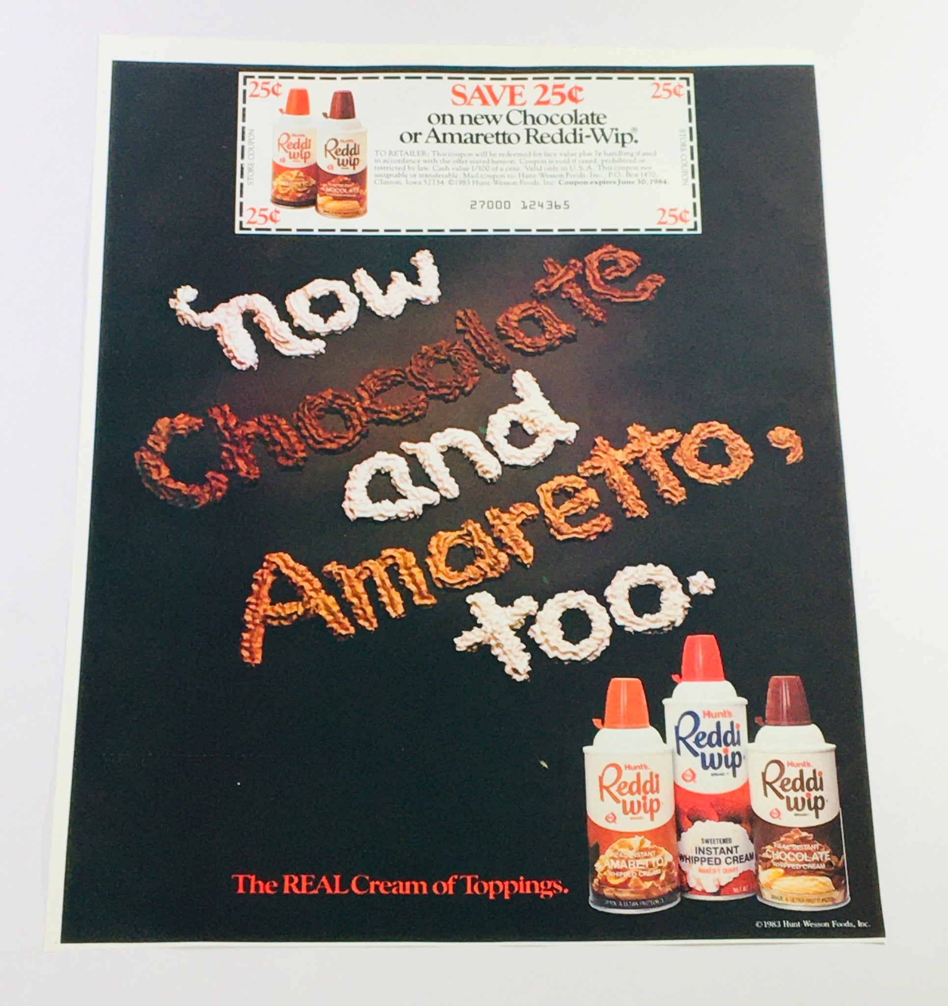 VTG Retro 1984 Hunt's Chocolate and Amaretto Reddi-Wip Cream Topping Ad Coupon