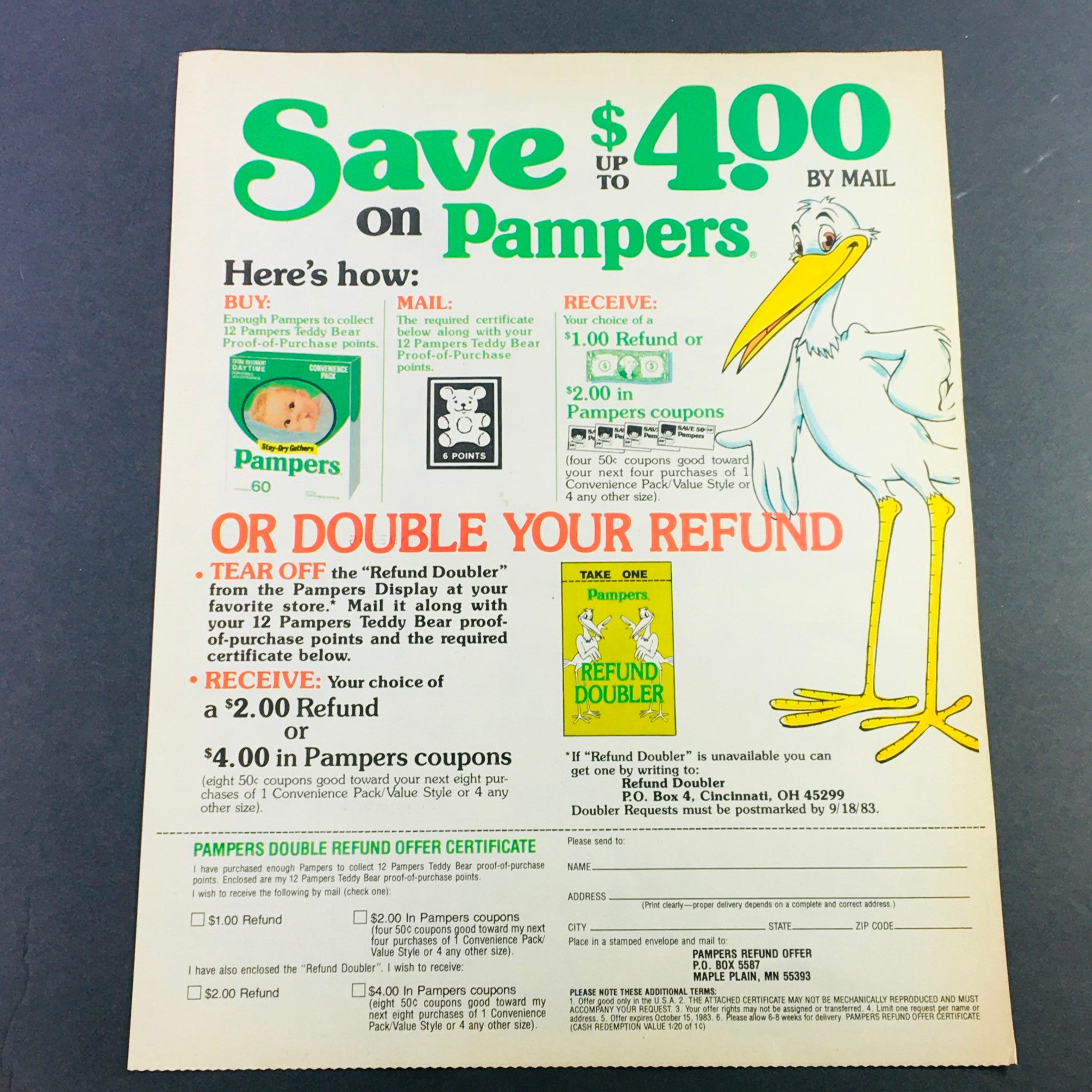 VTG Retro 1983 Pampers Diaper Double Refund Offer Certificate Ad Coupon