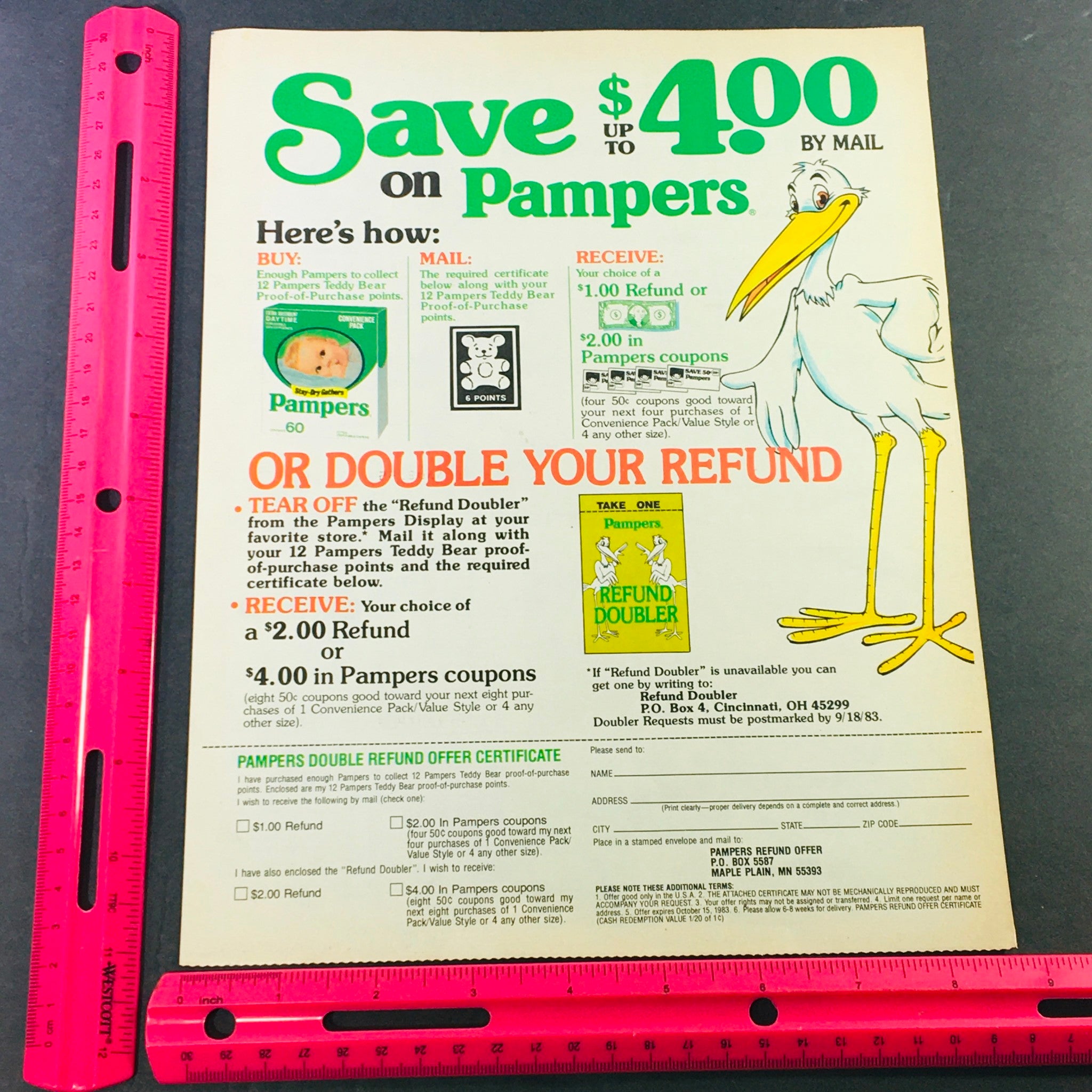 VTG Retro 1983 Pampers Diaper Double Refund Offer Certificate Ad Coupon