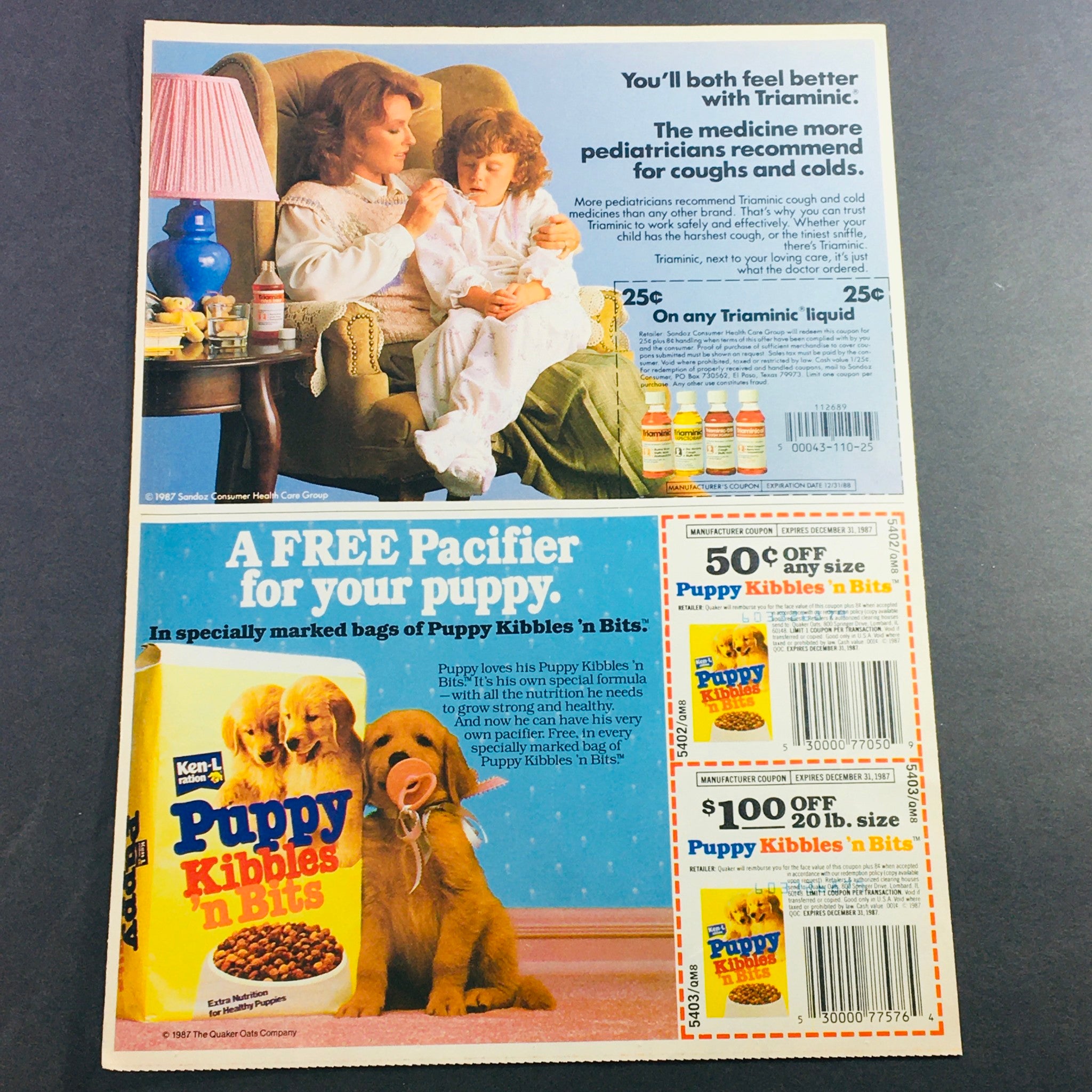 VTG Retro 1987 Adirondack Beverages & Puppy Kibbles 'n Bits Dog Food Ad Coupon