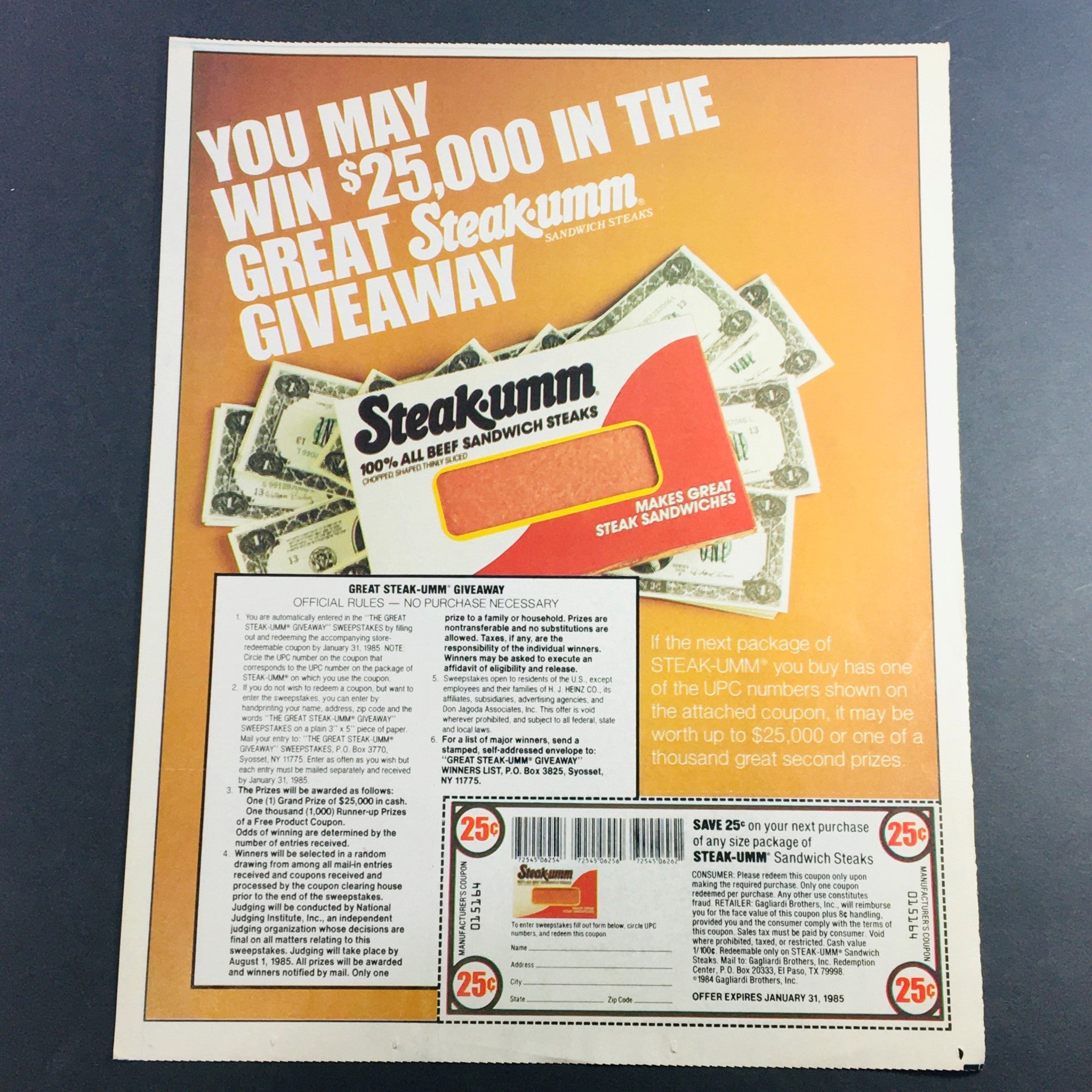 VTG Retro 1985 Steak-umm Giveaway Sweepstakes & We Care Bear Bowl Ad Coupon