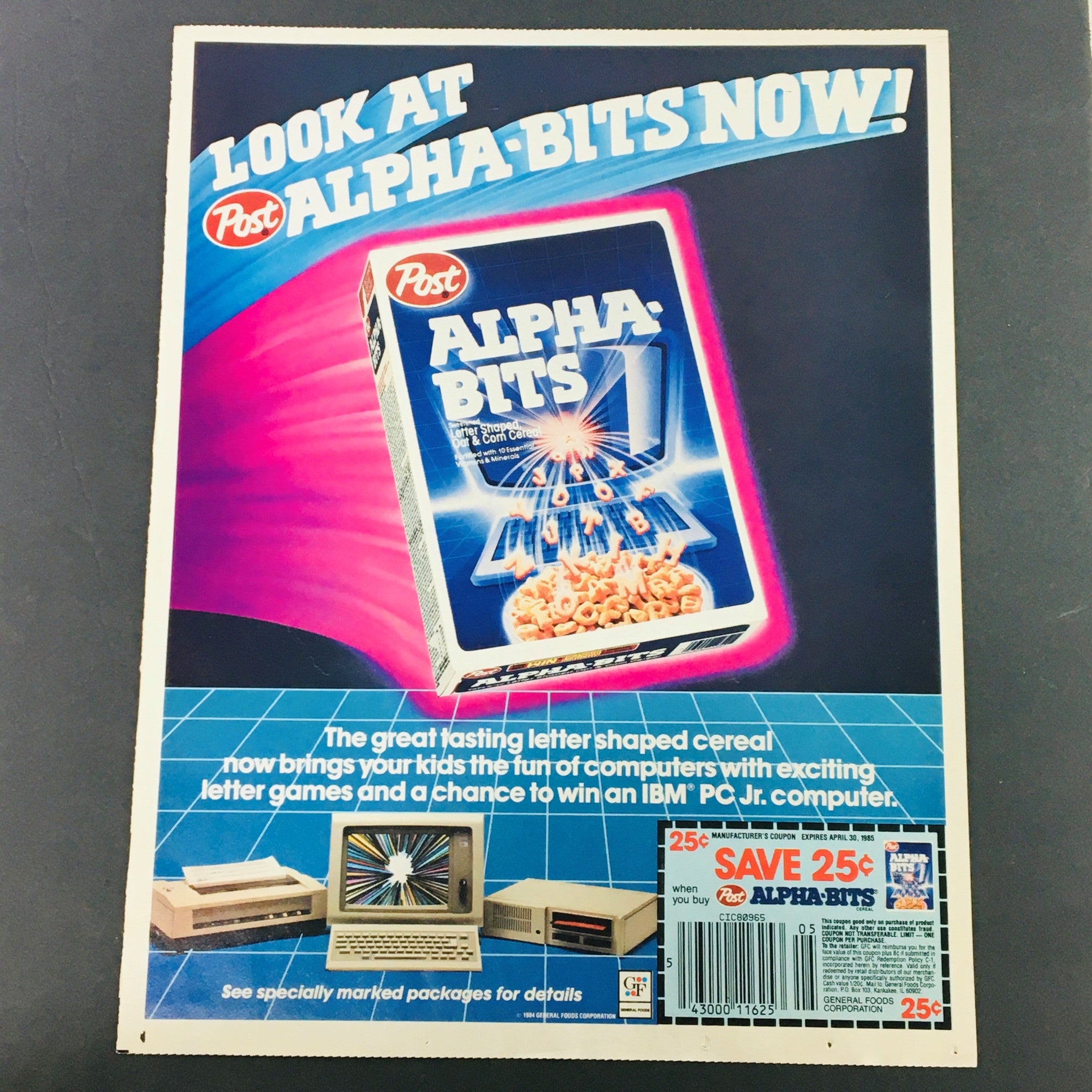 VTG Retro 1985 Post Alpha-Bits Letter Shaped Cereal & Haband Coat Ad Coupon