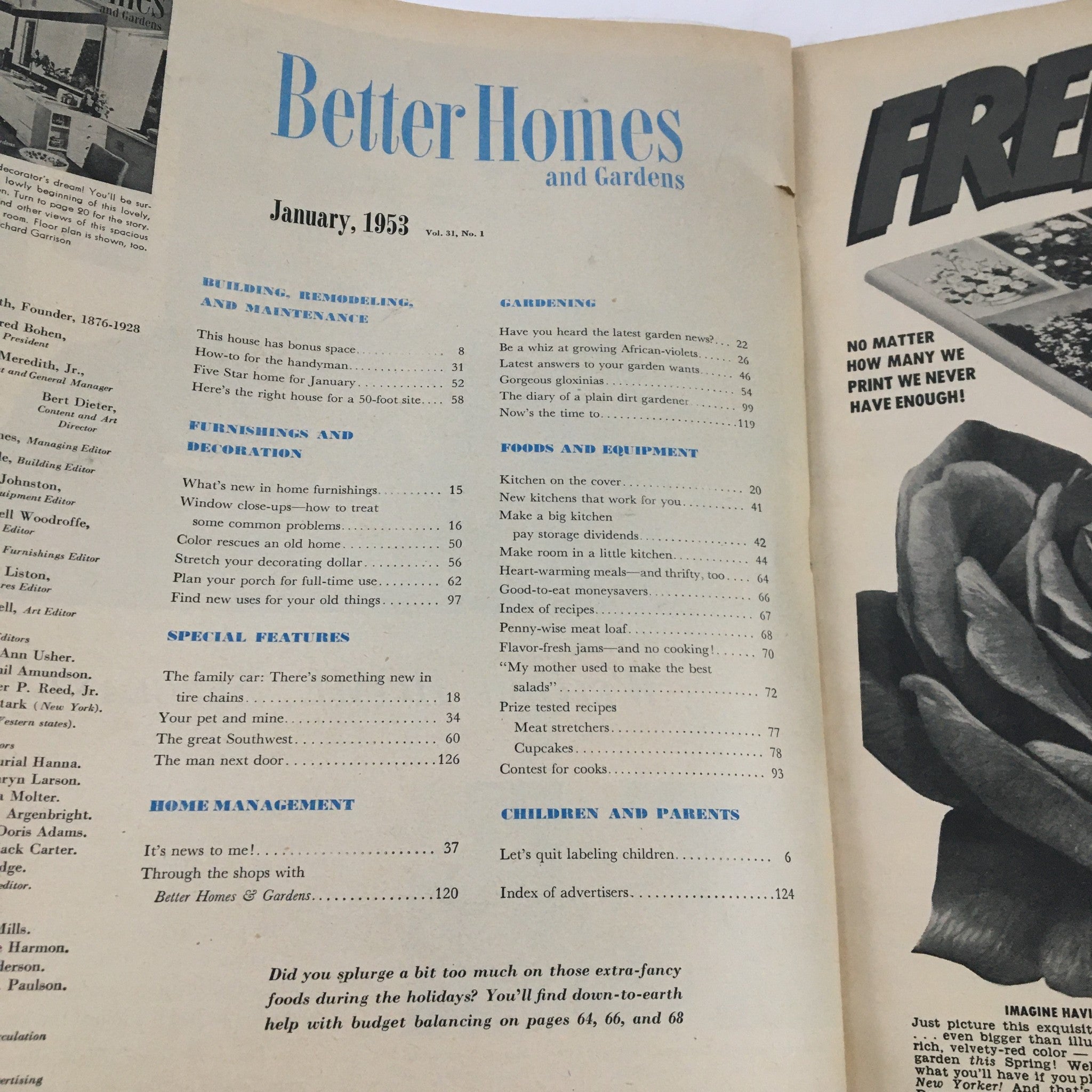 Contents page of Better Homes & Gardens January 1953 showing sections on home management, gardening, and furnishings.