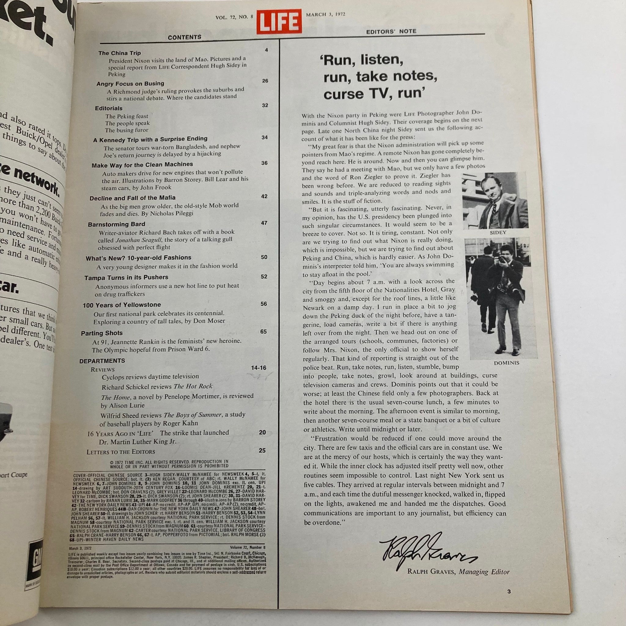 Inside contents page of VTG Life Magazine March 3 1972 detailing articles including Nixon's trip to China.