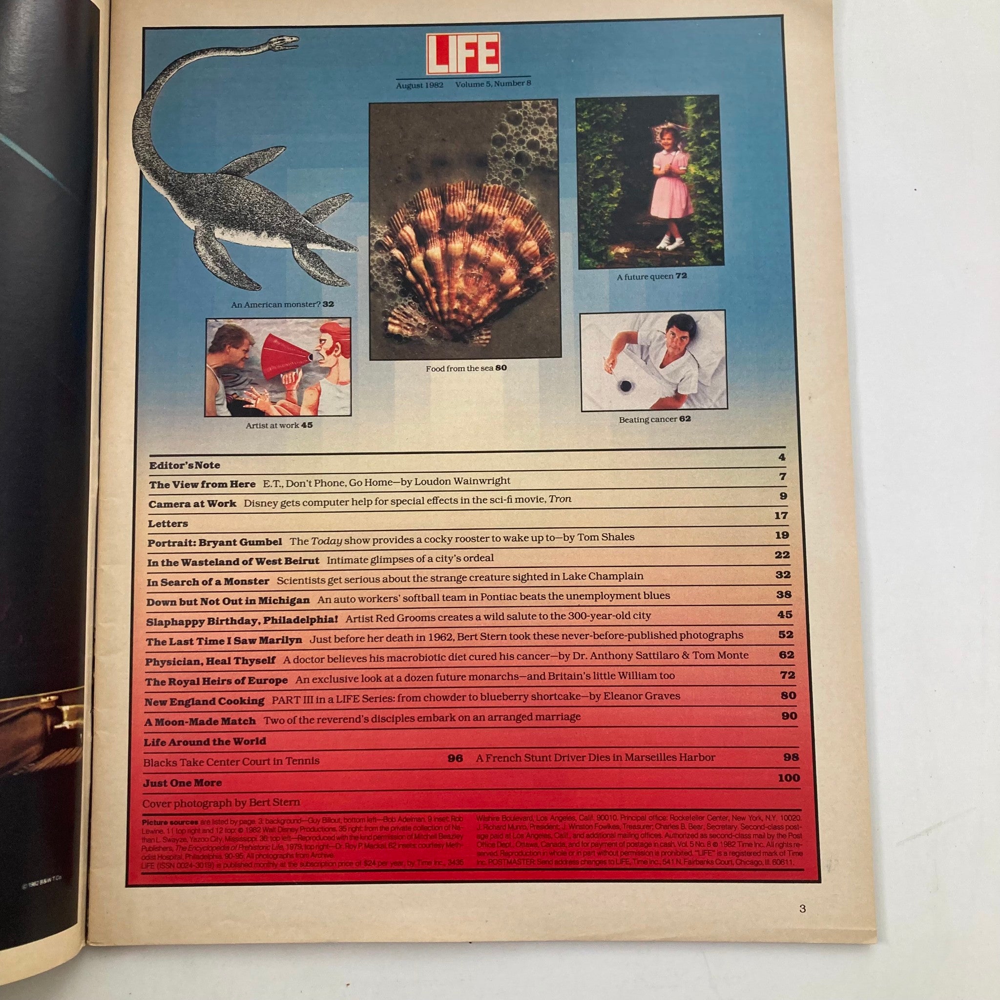 Table of contents from VTG Life Magazine August 1982 Vol 5 No. 8 featuring articles and features related to the unseen Marilyn Monroe.