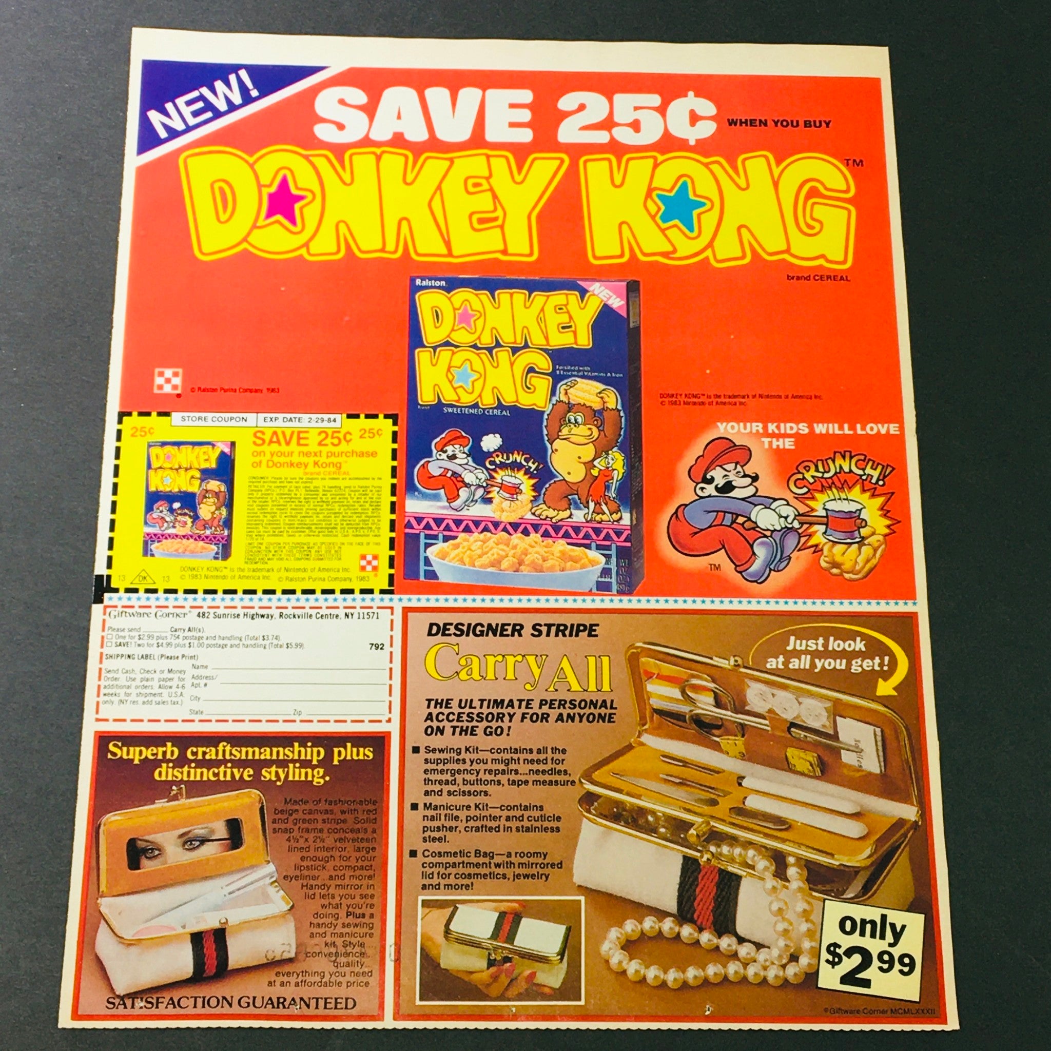 VTG Retro 1983 Donkey Kong Sweetened Cereal & Mario of Super Mario Bro Ad Coupon