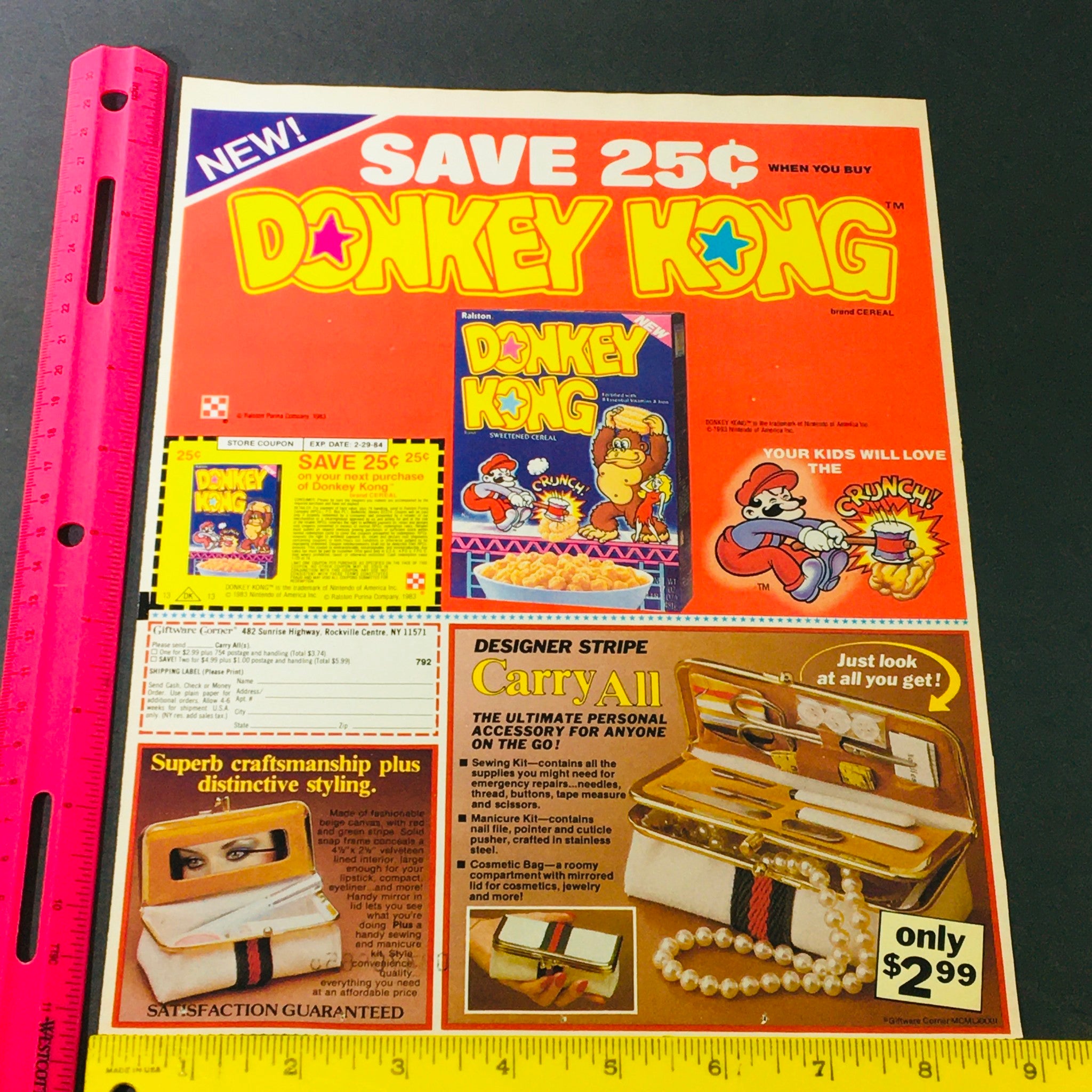 VTG Retro 1983 Donkey Kong Sweetened Cereal & Mario of Super Mario Bro Ad Coupon