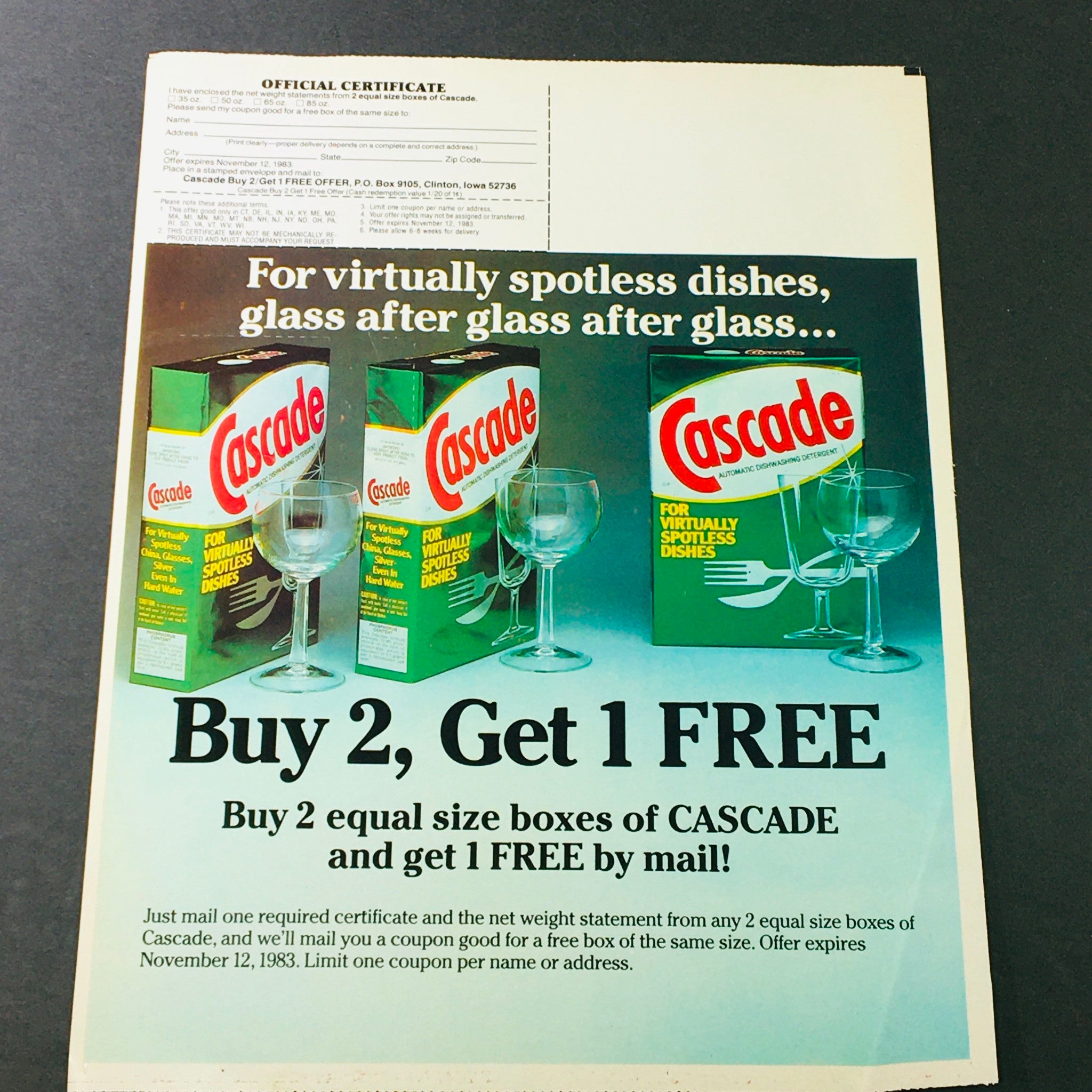 VTG Retro 1983 Cascade Automatic Dishwashing Detergent Buy 2 + 1 FREE Ad Coupon