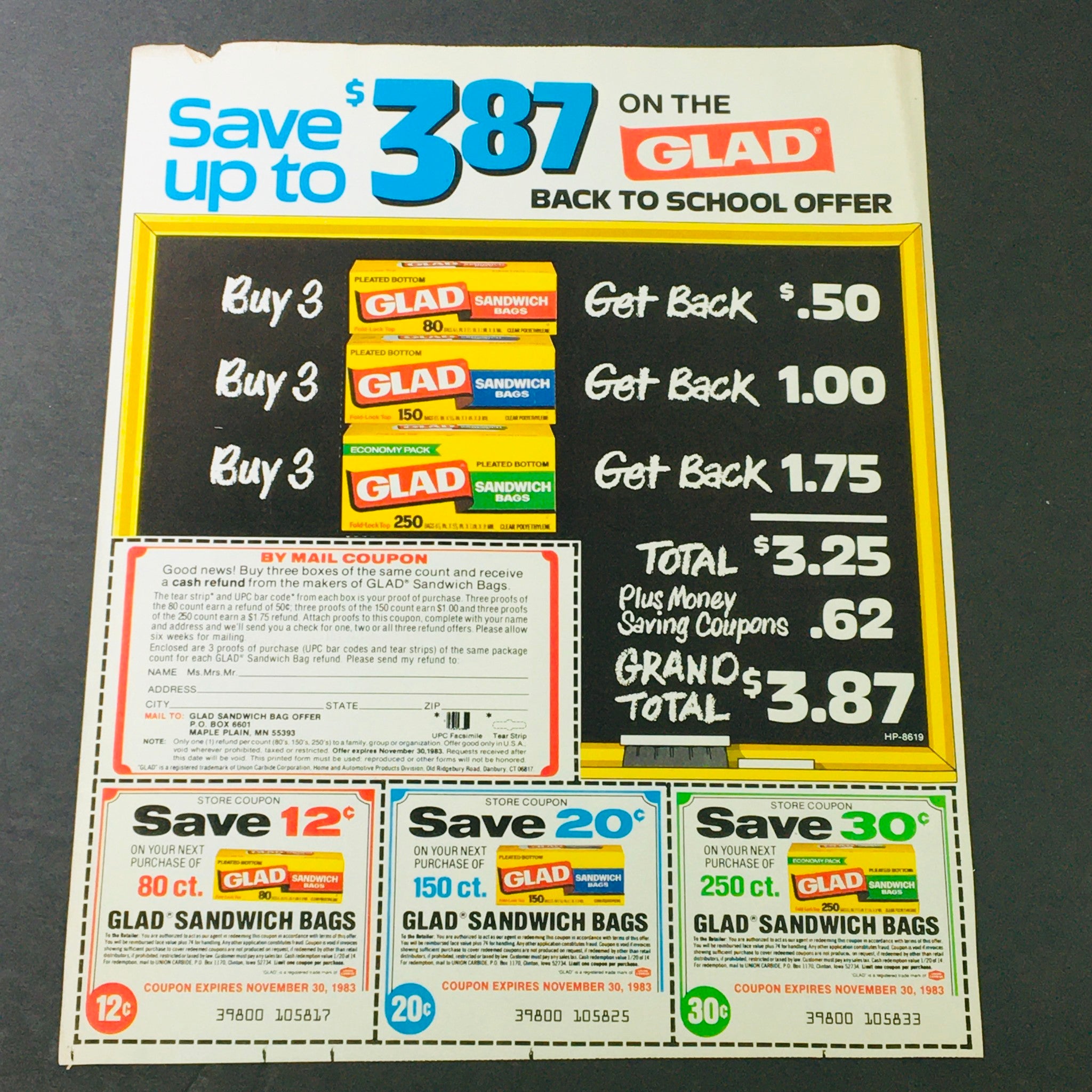 VTG Retro 1983 Glad Back to School Money-Back Offer Sandwich Bags Ad Coupon