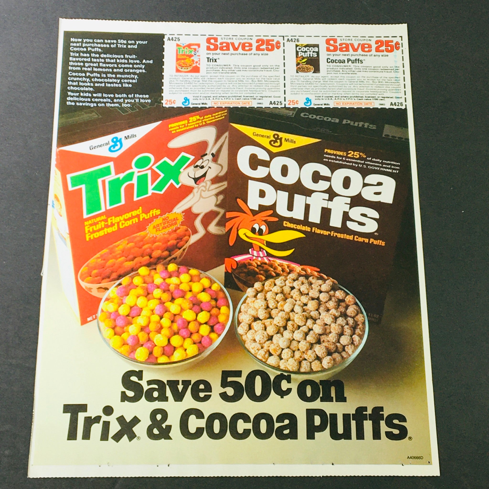 VTG Retro 1983 Trix Frosted Corn Puffs & Cocoa Puffs Chocolate Flavor Ad Coupon