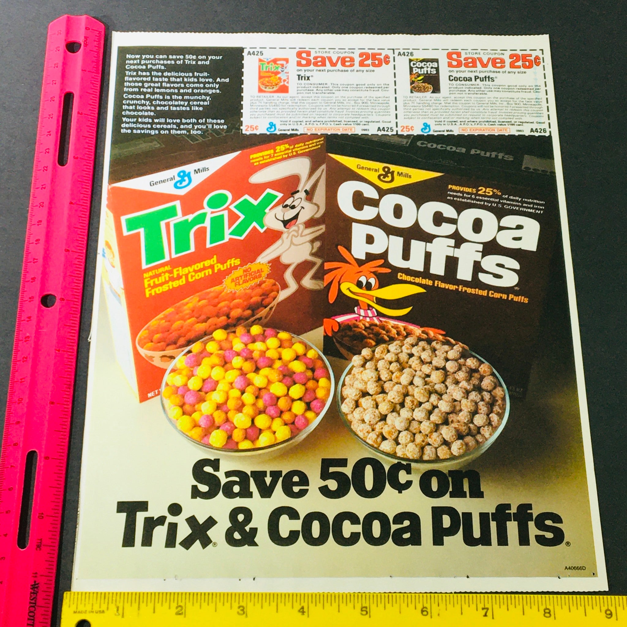 VTG Retro 1983 Trix Frosted Corn Puffs & Cocoa Puffs Chocolate Flavor Ad Coupon