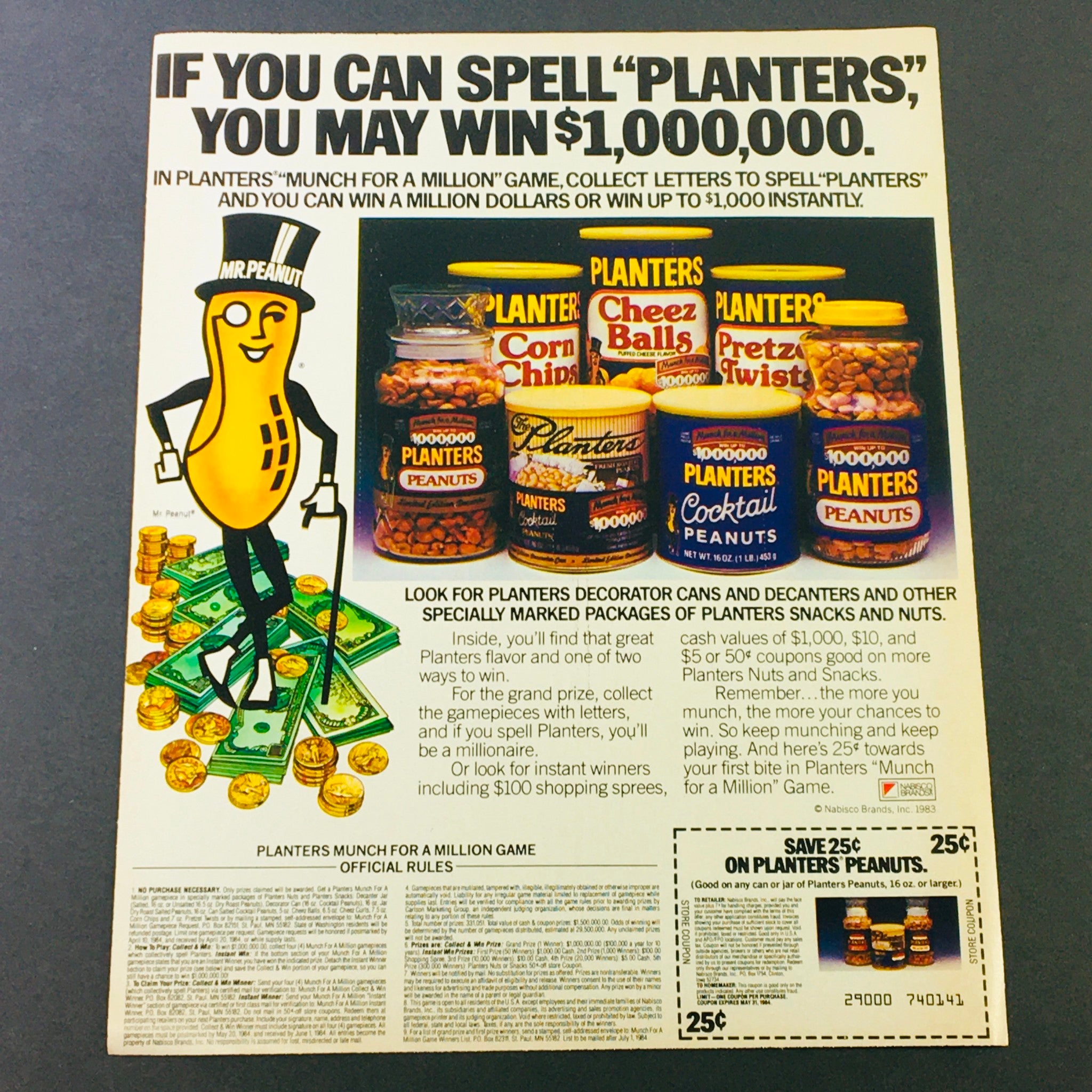 VTG Retro 1984 Collect Letters Spell "Planters" Peanuts Win $1,000,000 Ad Coupon