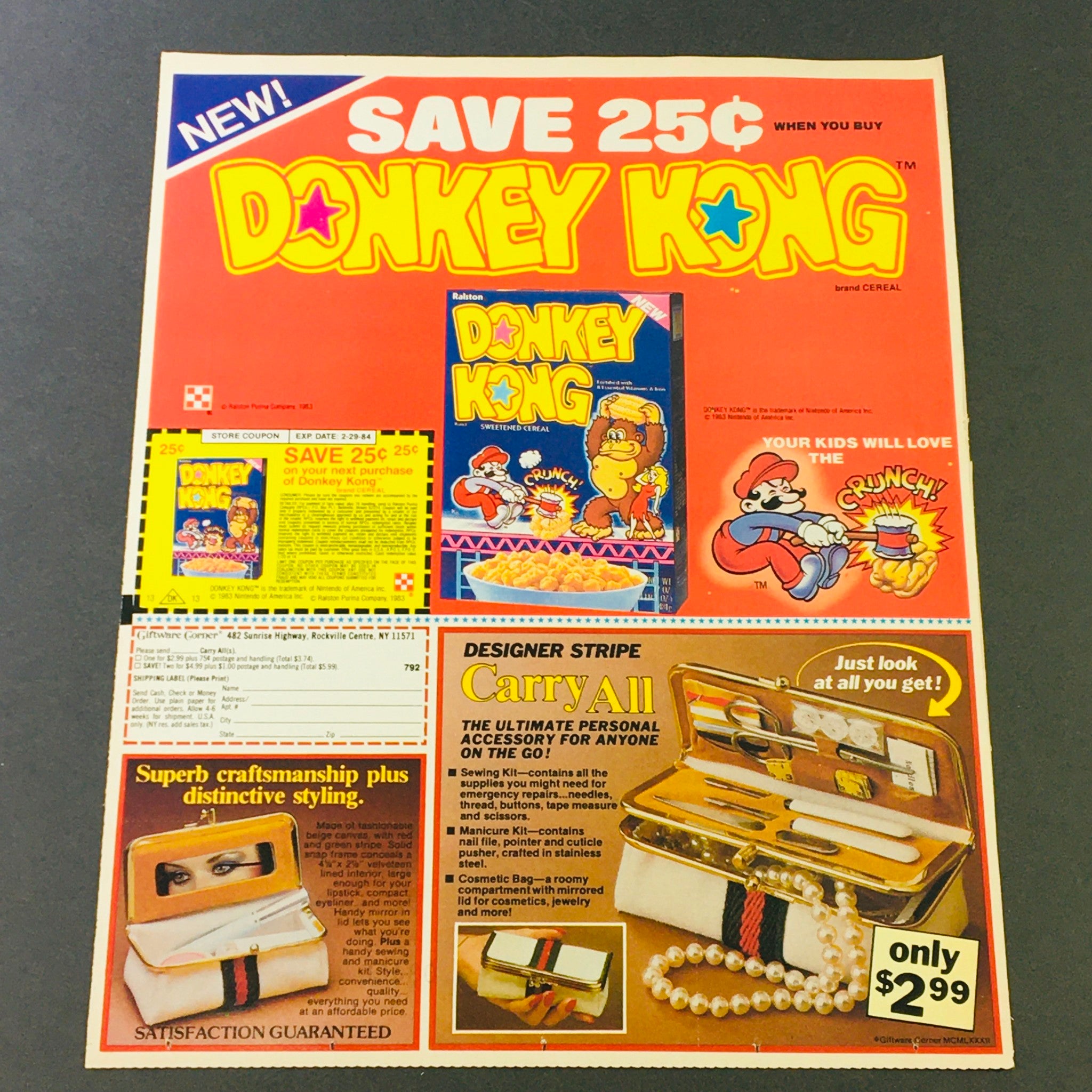 VTG Retro 1983 Donkey Kong & Super Mario Sweetened Cereal Crunch Ad Coupon