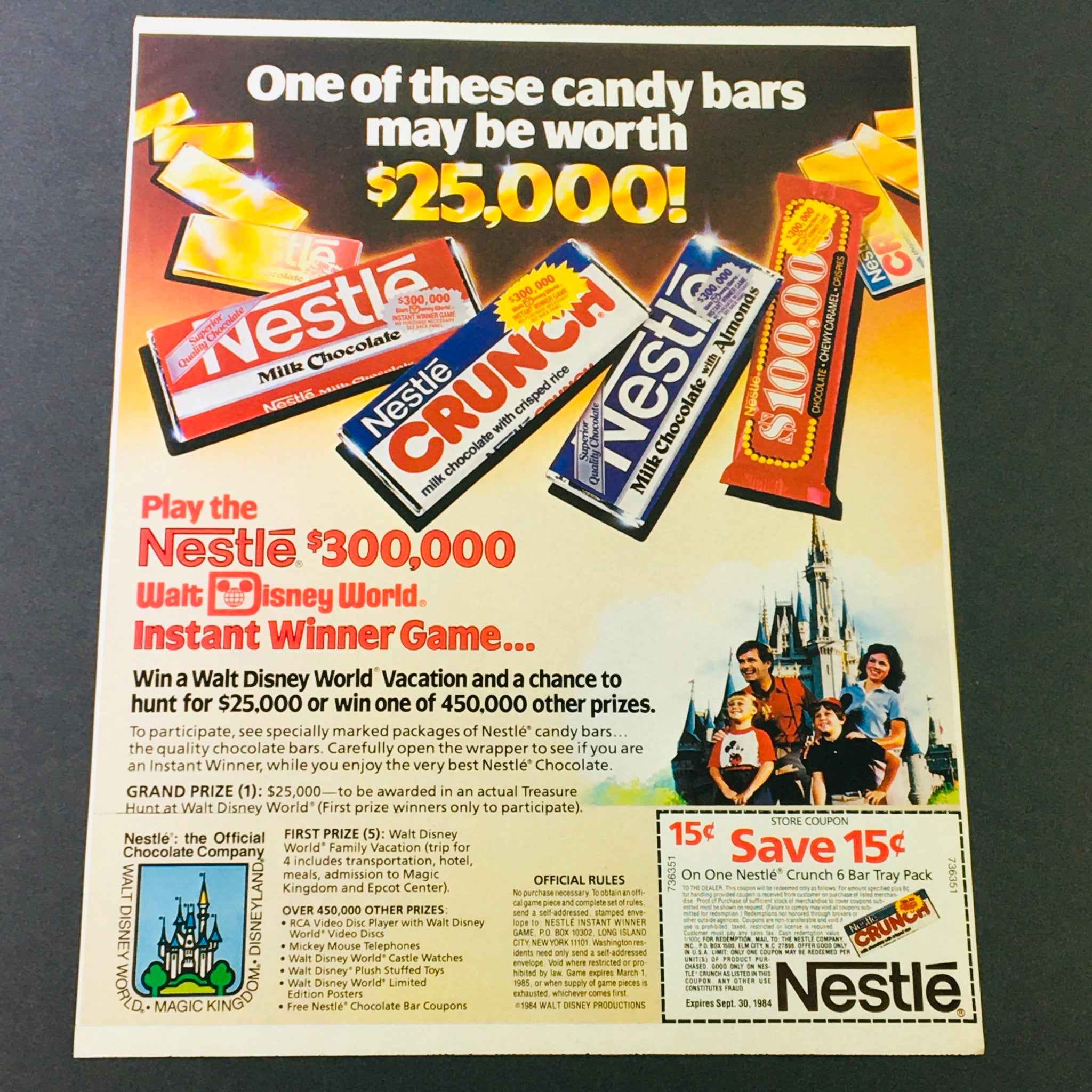 VTG Retro 1984 Nestle Crunch Chocolate Walt Disney World Winner Ad Coupon