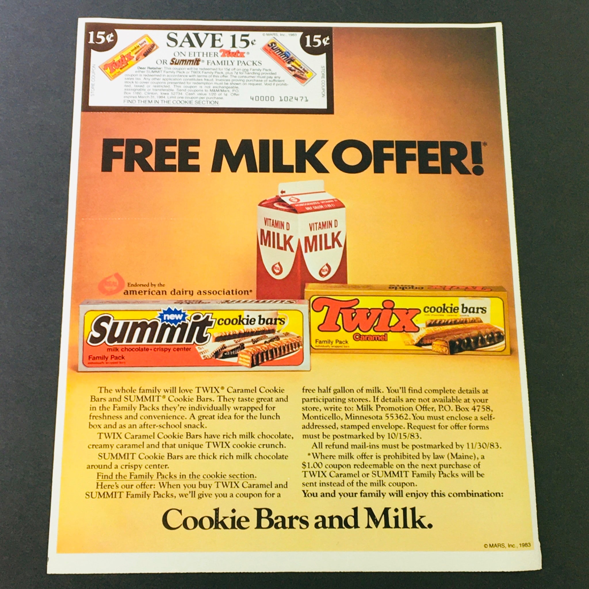 VTG Retro 1983 Twix Caramel Cookie & Summit Cookie Bars FREE Milk Ad Coupon