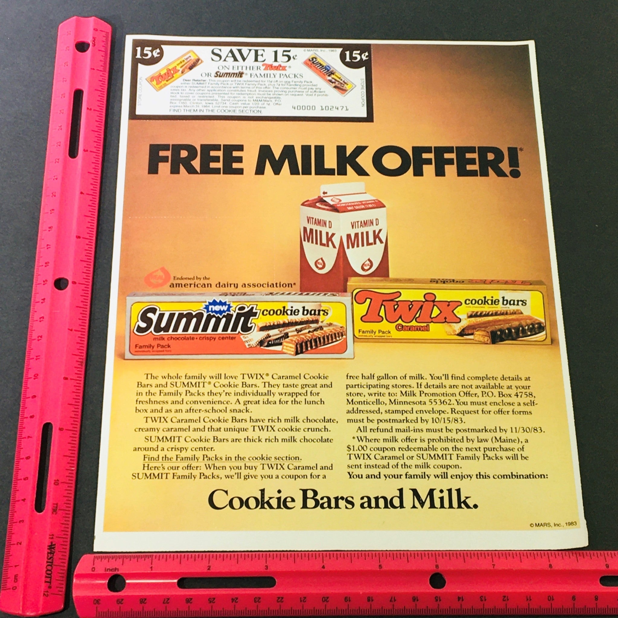 VTG Retro 1983 Twix Caramel Cookie & Summit Cookie Bars FREE Milk Ad Coupon