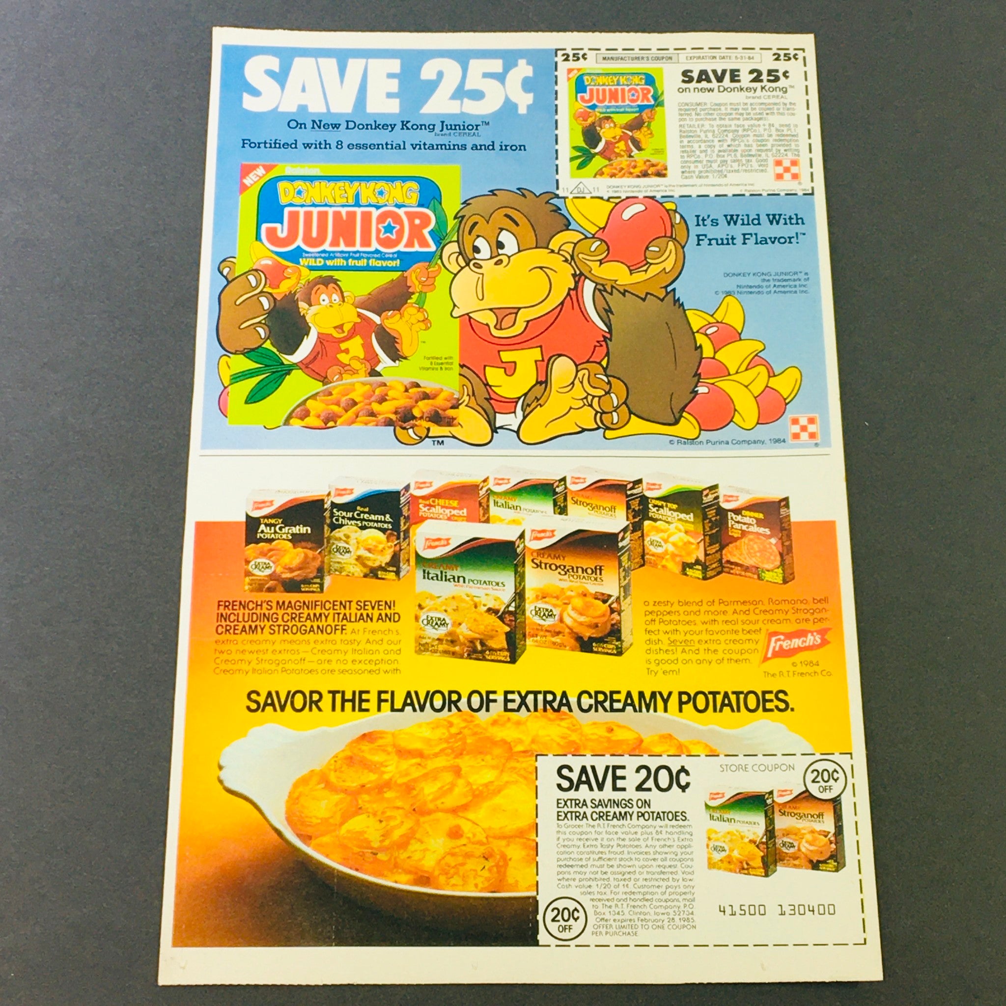 VTG Retro 1984 Donkey Kong Jr. Fruit Flavor Cereal & French's Potatoes Ad Coupon