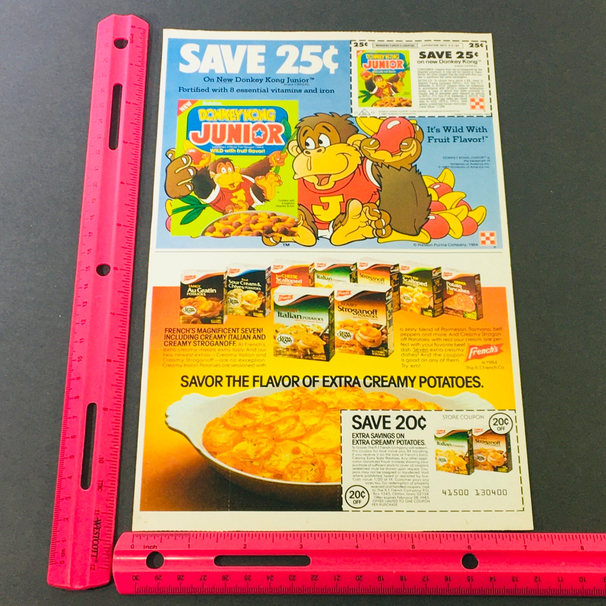 VTG Retro 1984 Donkey Kong Jr. Fruit Flavor Cereal & French's Potatoes Ad Coupon