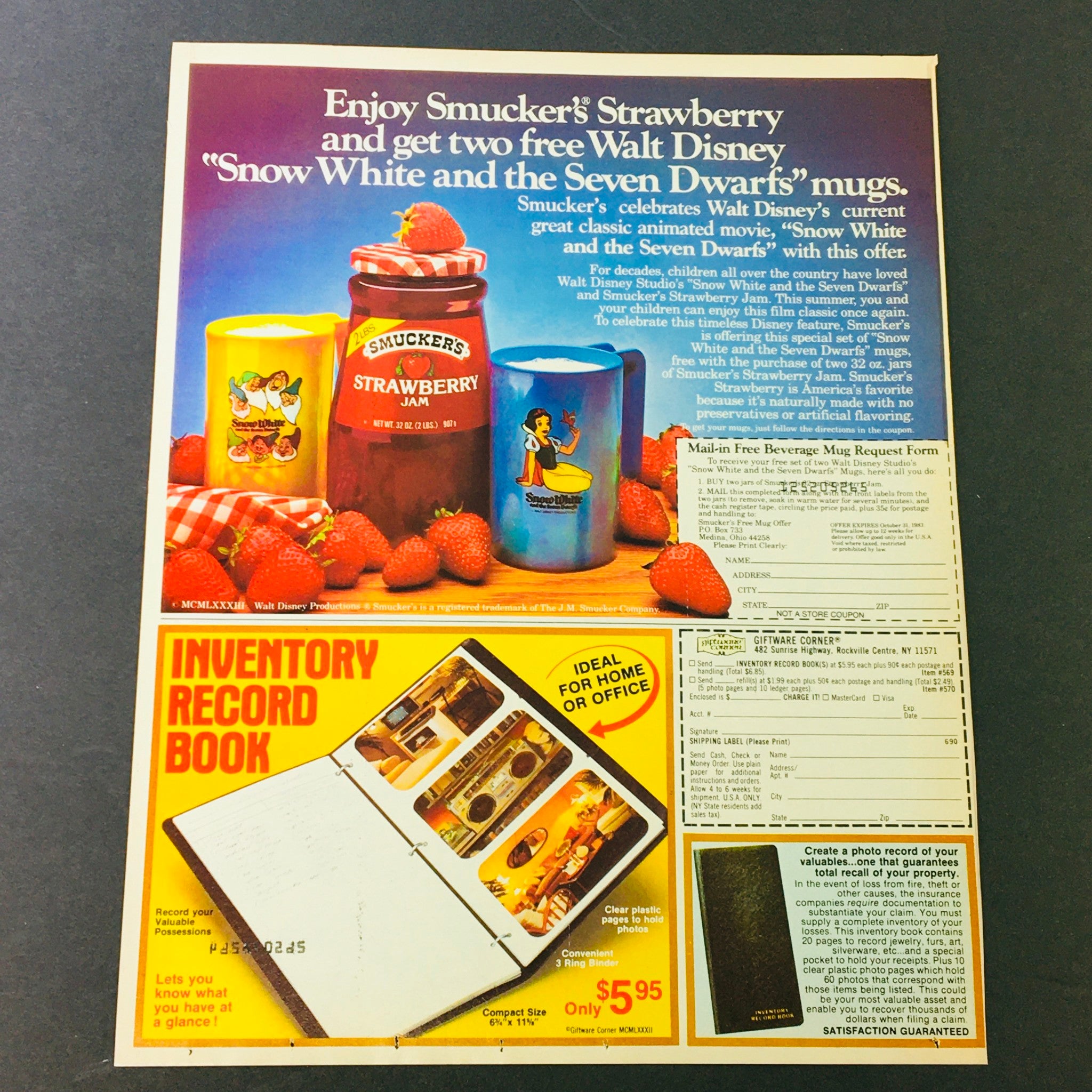 VTG Retro 1983 Disney's Snow White & The 7 Dwarfs Smucker's Strawberry Ad Coupon