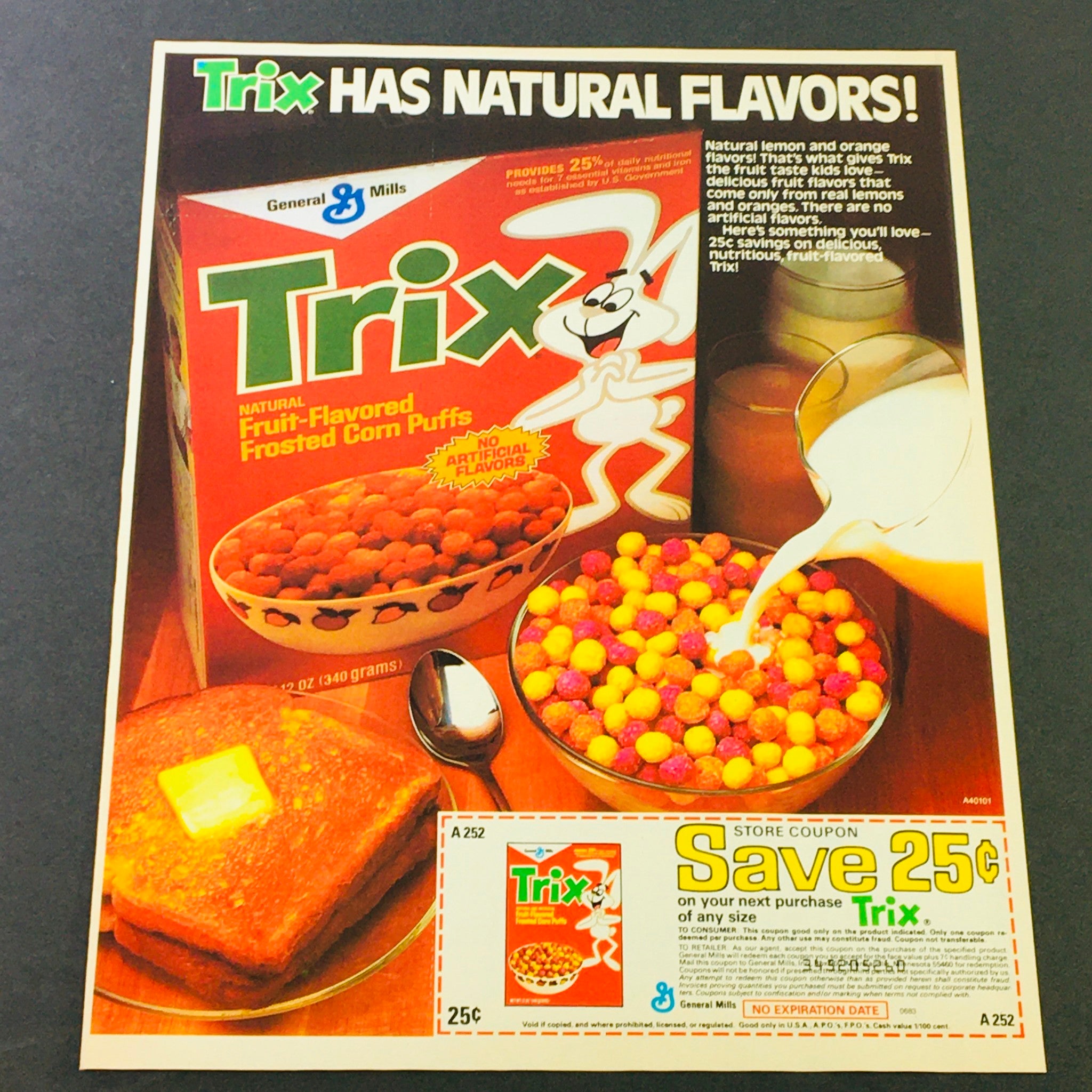 VTG Retro 1984 General Mills Trix Frosted Corn Puffs & Aqua-Fresh Ad Coupon