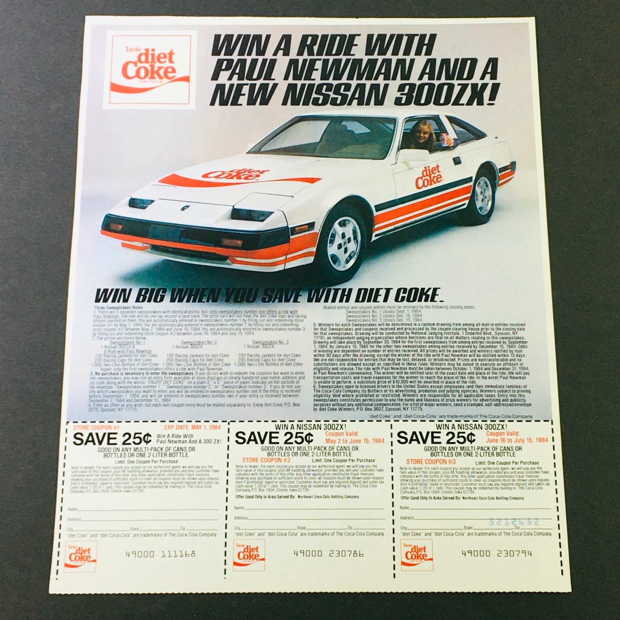 VTG Retro 1984 Diet Coke Win Nissan 300ZX & Minute Maid Fruit Punch Ad Coupon