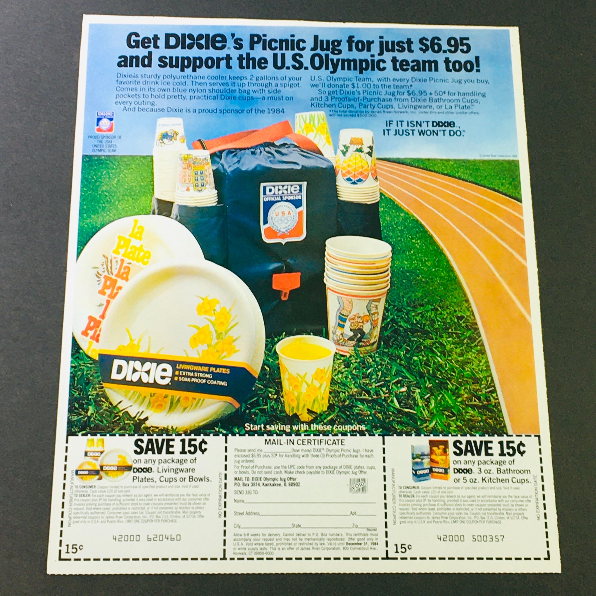 VTG Retro 1984 Dixie Picnic Jug Olympic Team & Renuzit Air Deodorizer Ad Coupon