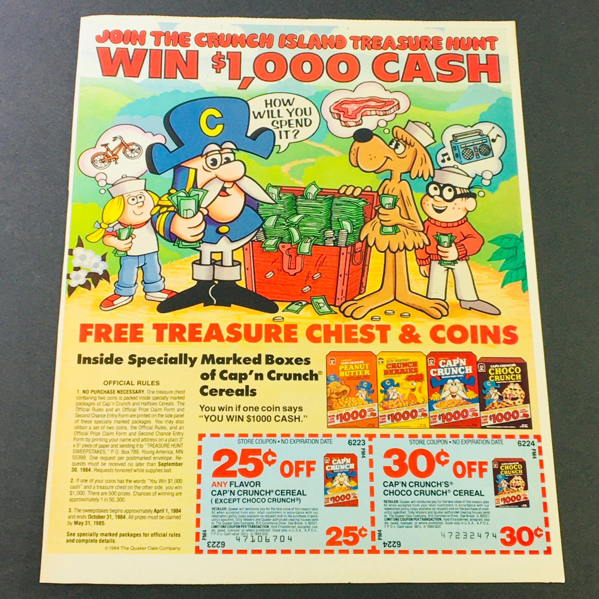 VTG Retro 1984 Quaker Oats The Crunch Island Treasure Hunt Cereals Ad Coupon